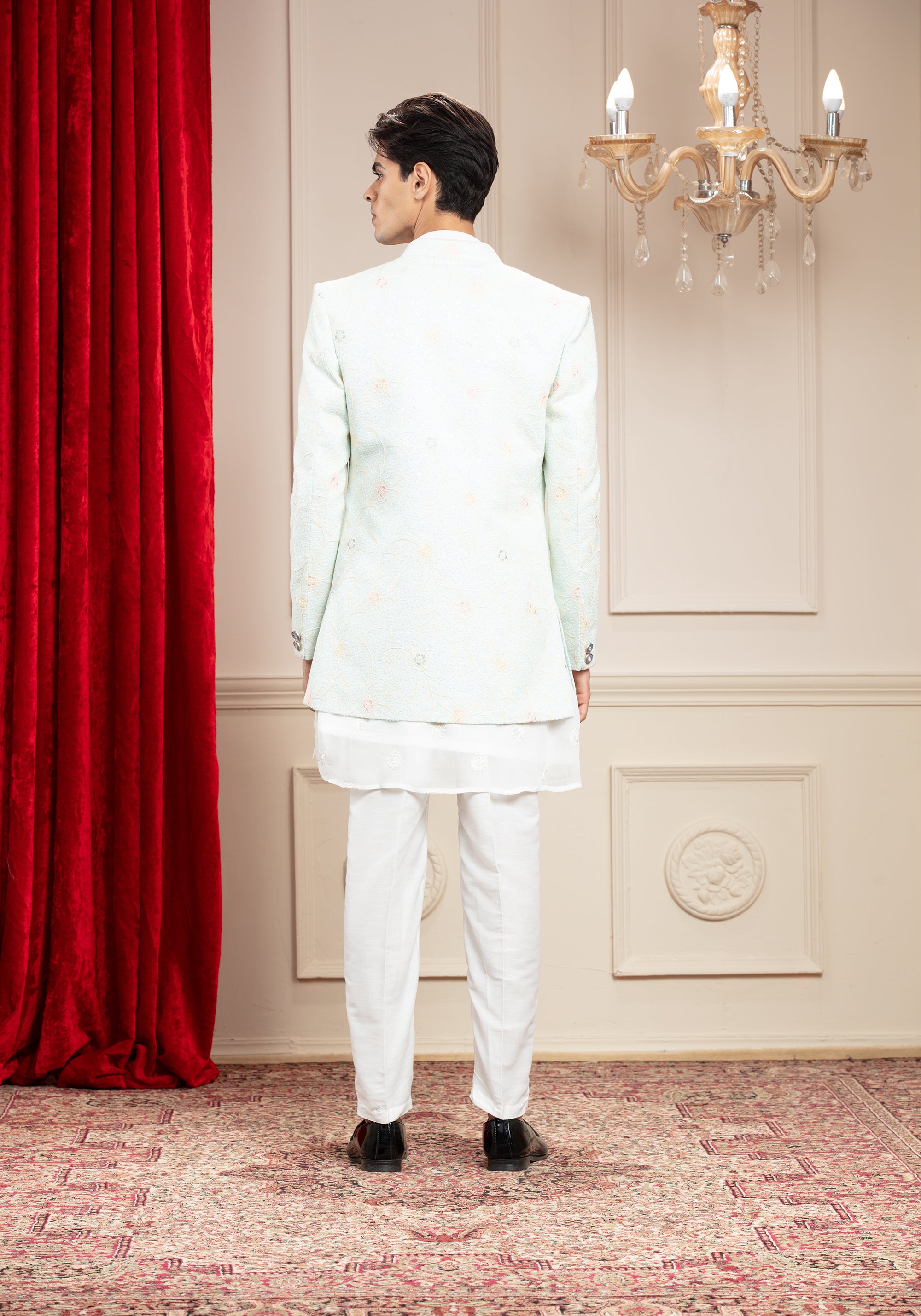 Pearl White and Ice Blue Open Jodhpuri with Resham and thread work with embellishments