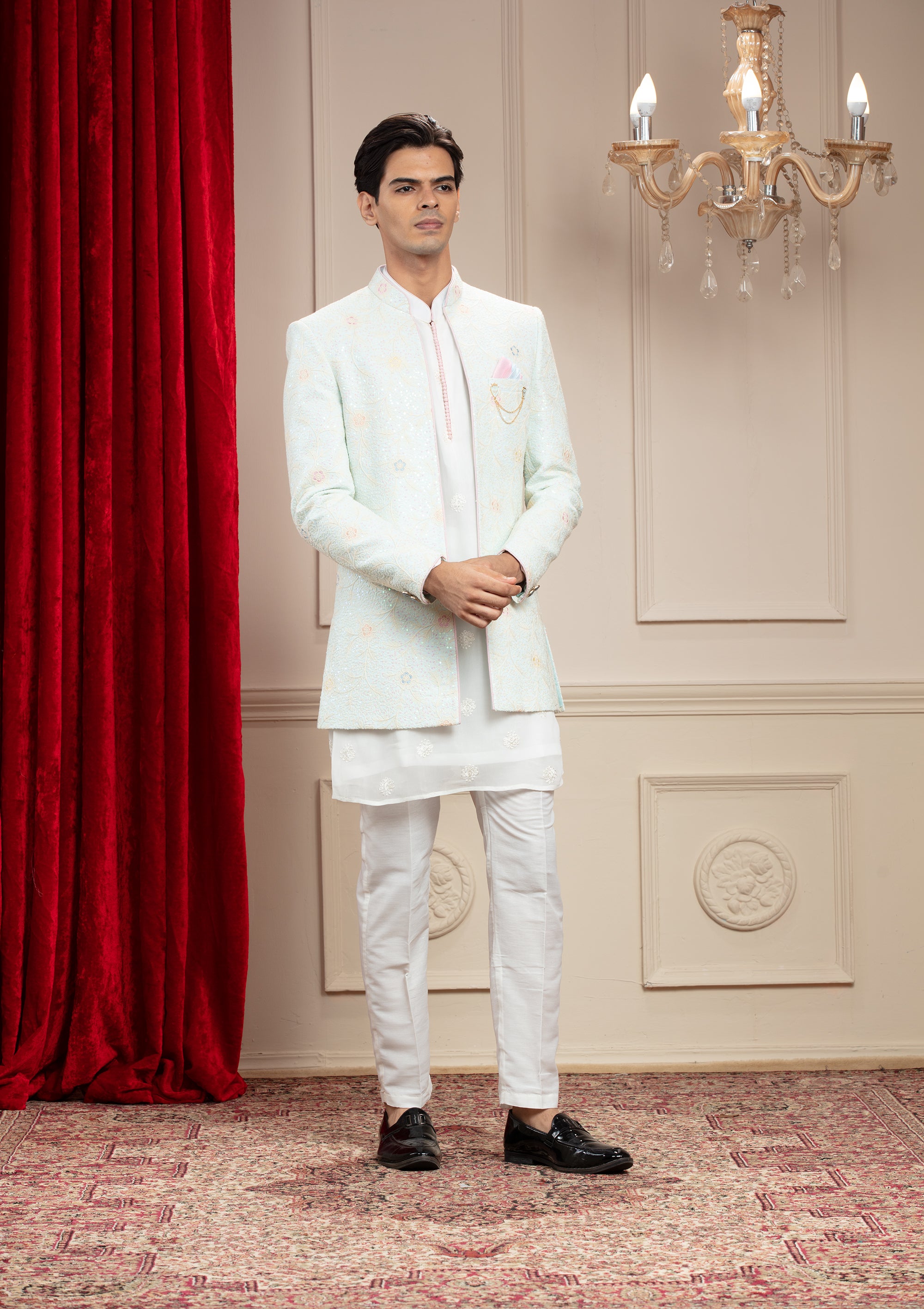Pearl White and Ice Blue Open Jodhpuri with Resham and thread work with embellishments