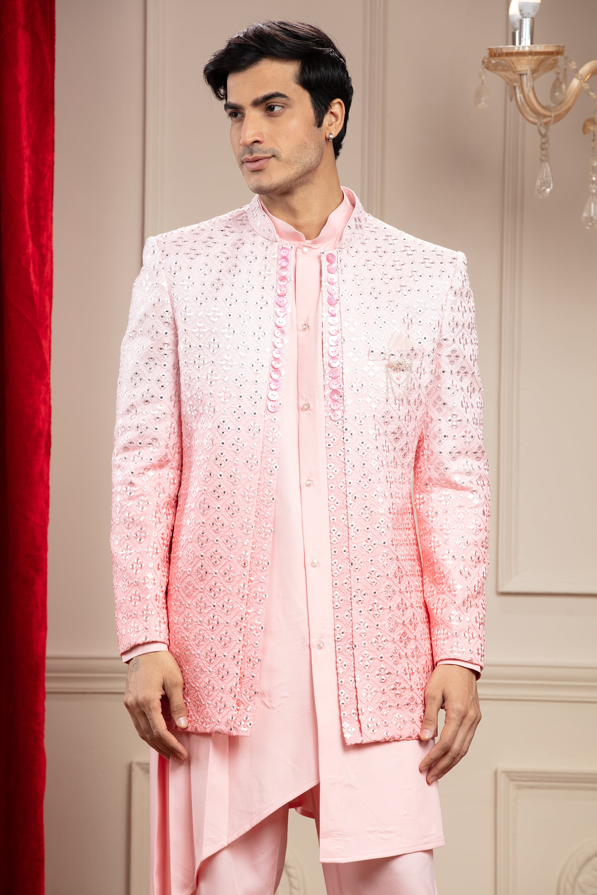 Pastel Pink Asymmetrical Open Jodhpuri set with mirror and sequins