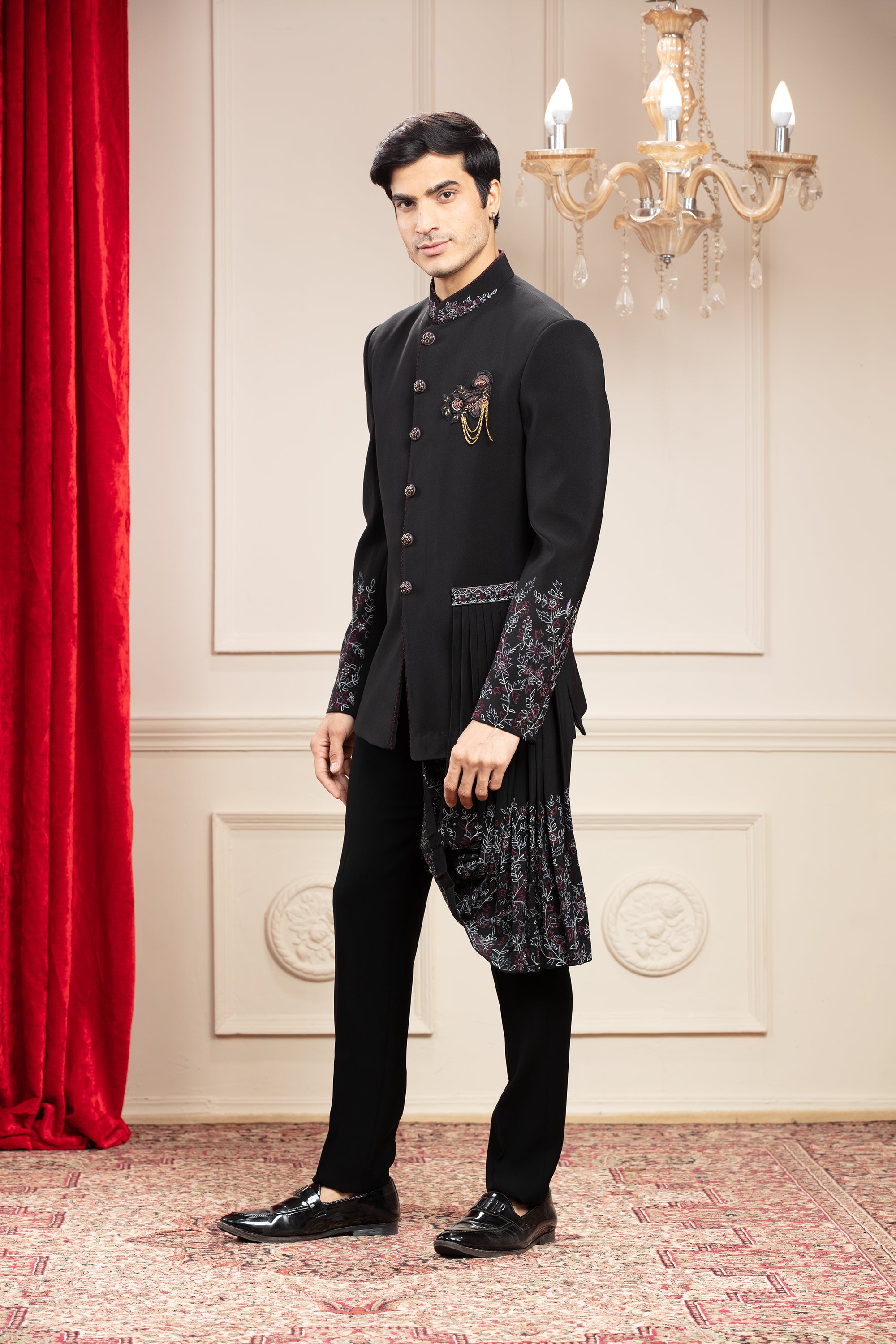 Jet Black Jodhpuri set with draping kurta, hand embroidery and embellishments