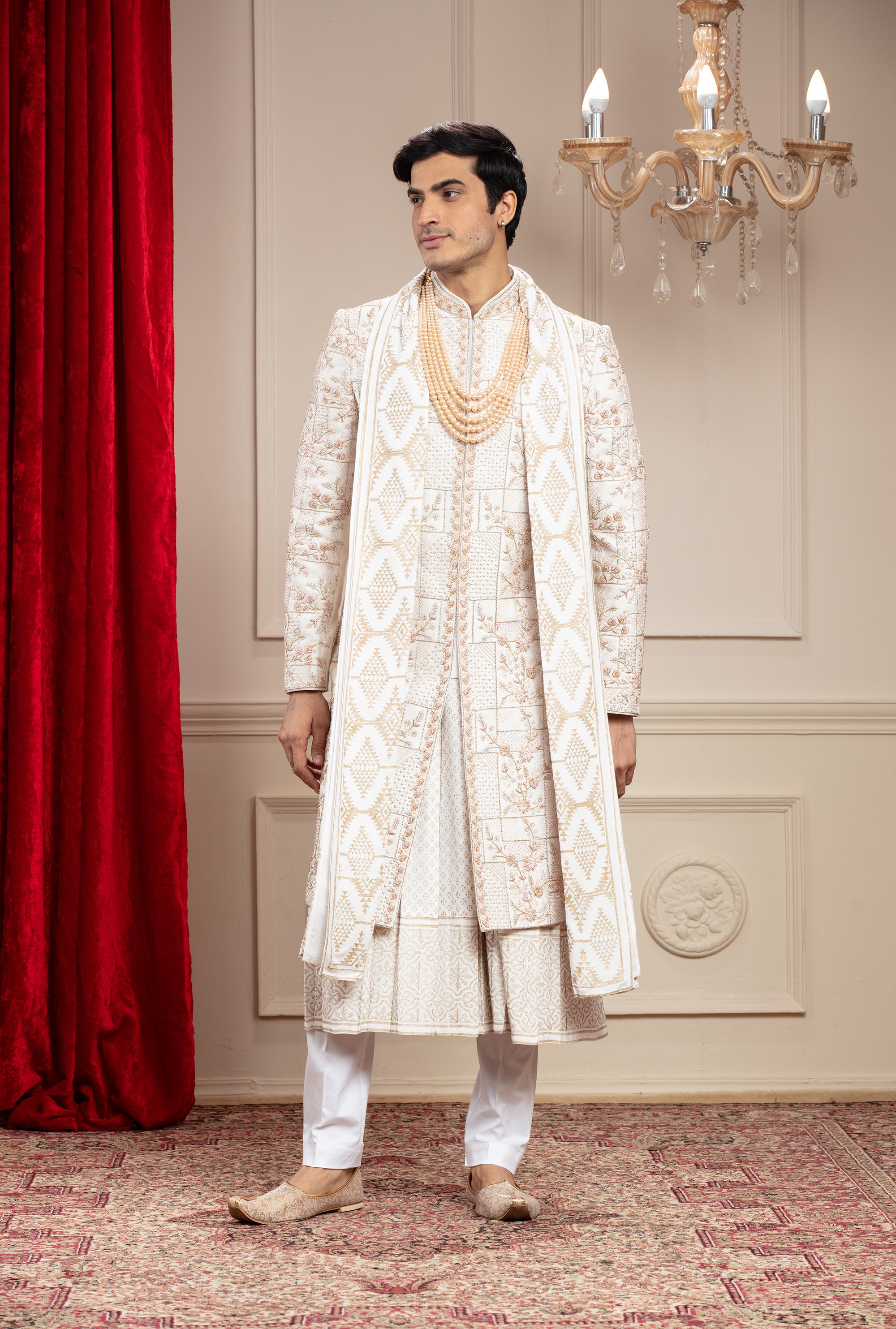 Cream White Anarkali Sherwani with mtaching Dupatta and embellishments