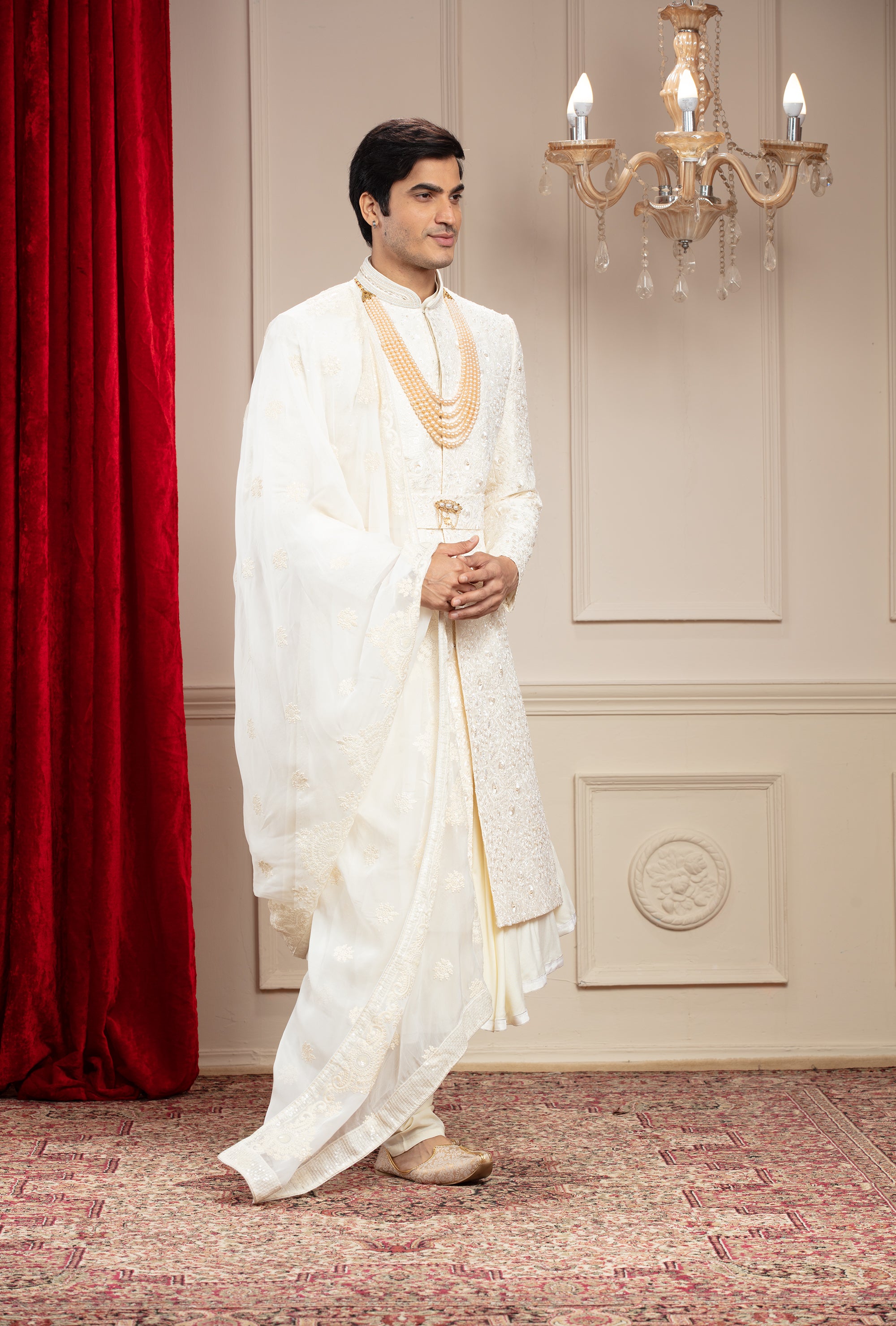Cream White Anarkali Sherwani with mtaching Dupatta and embellishments