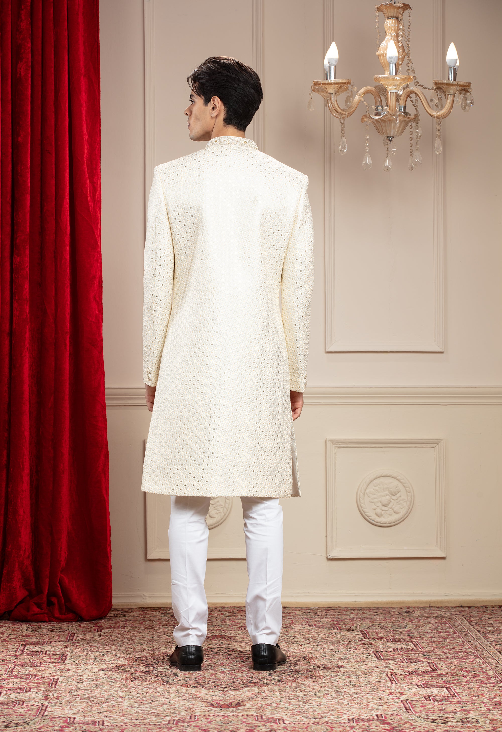 Alabaster White Lucknowi Sherwani with matching Dupatta and embellishments