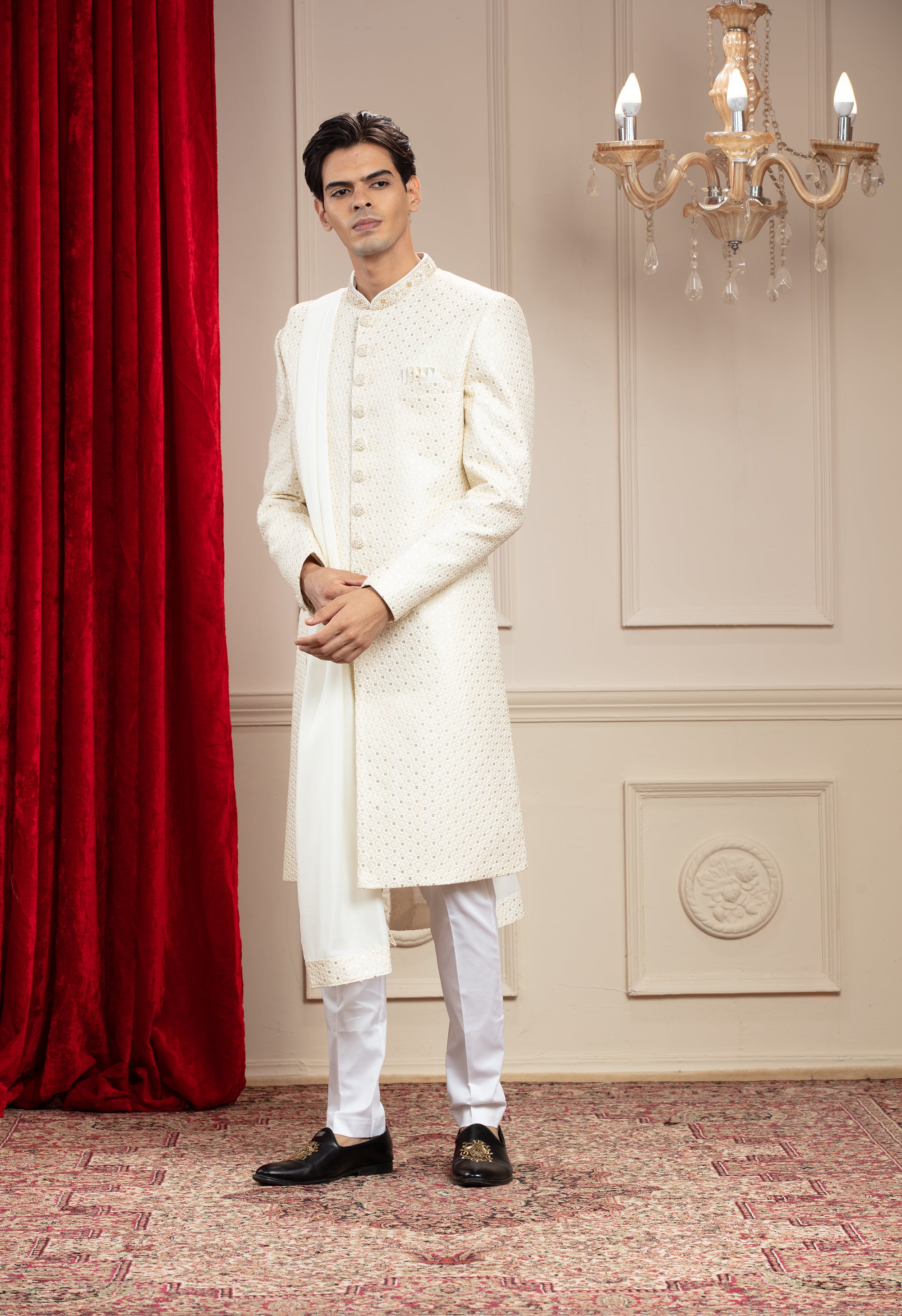 Alabaster White Lucknowi Sherwani with matching Dupatta and embellishments