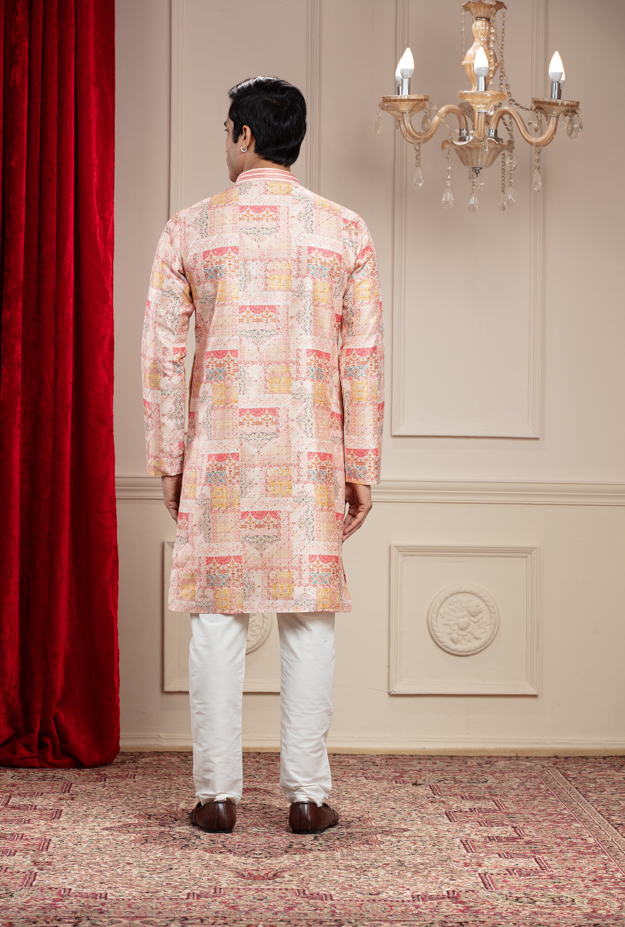 Melon peach Banarasi Printed Silk kurta pajama set
