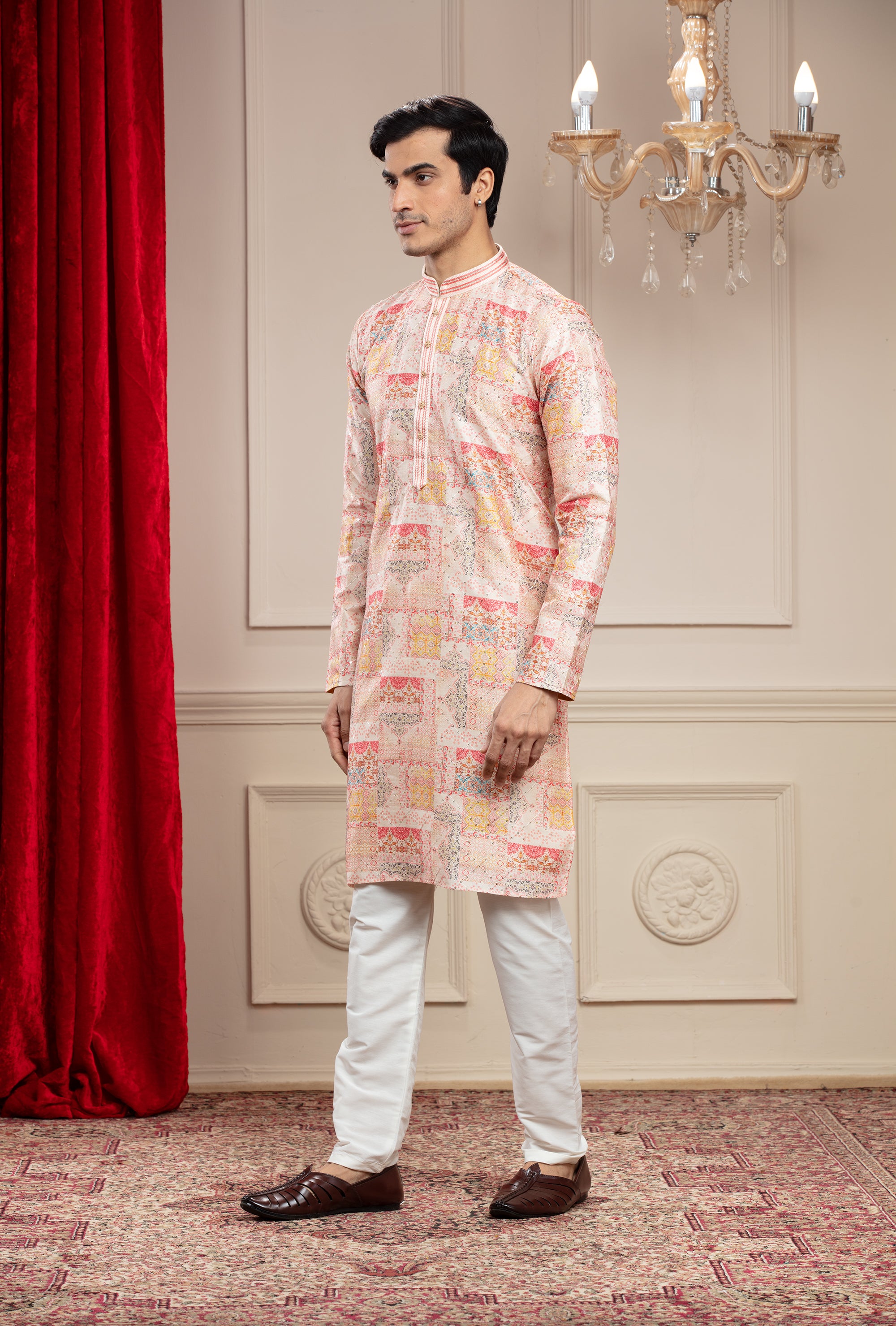 Melon peach Banarasi Printed Silk kurta pajama set