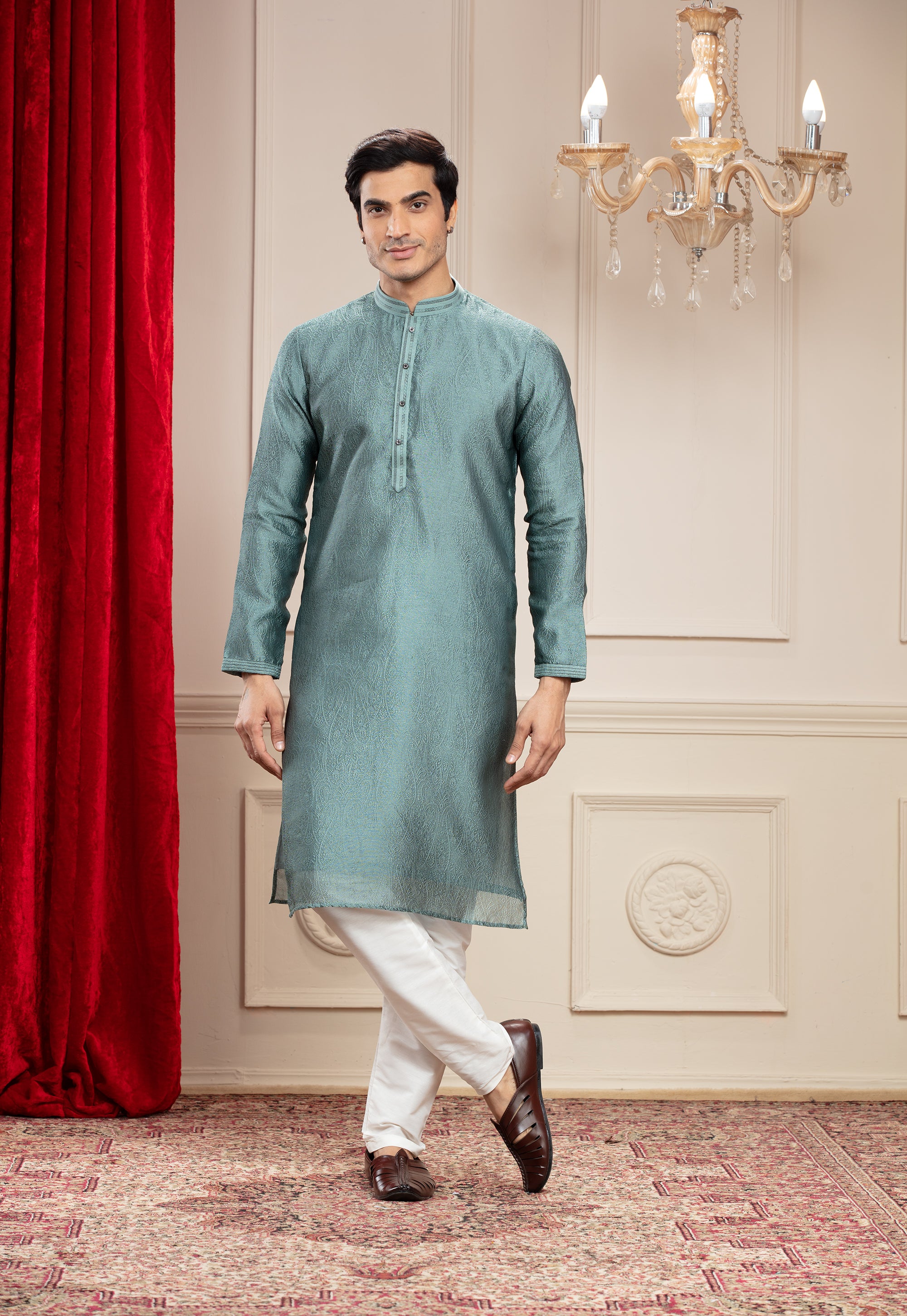 Teal plain splendid silk kurta pajama set