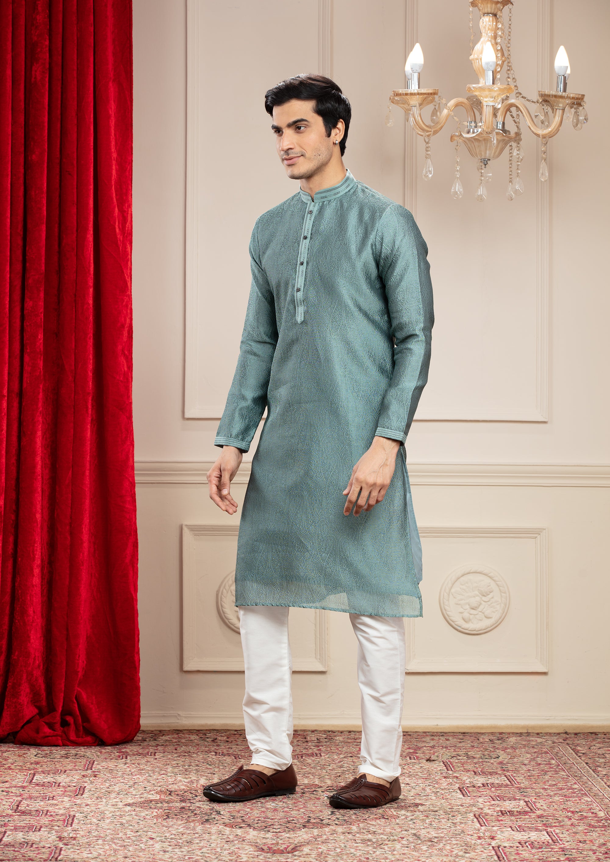 Teal plain splendid silk kurta pajama set