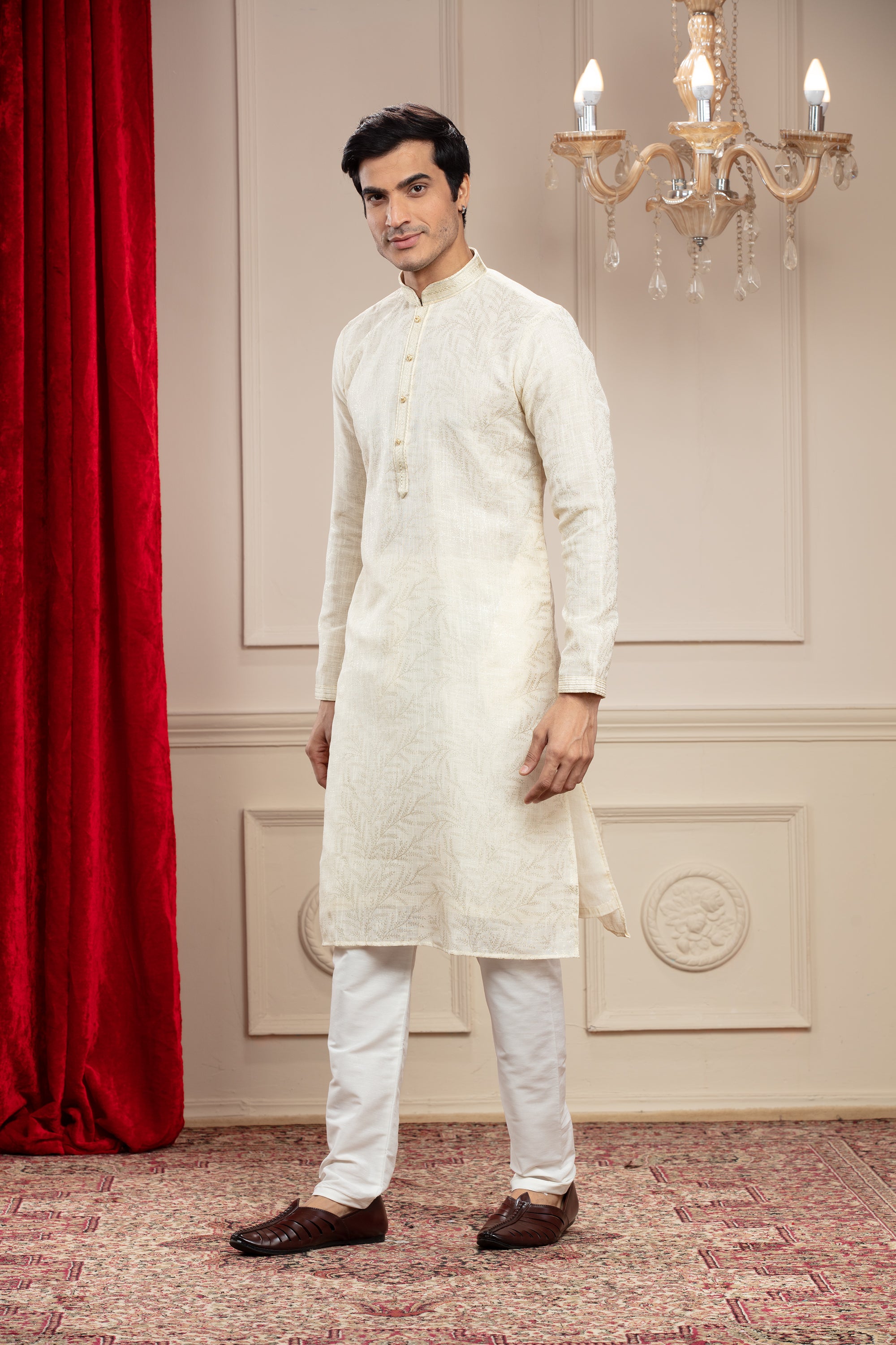 Cream White plain splendid silk kurta pajama set