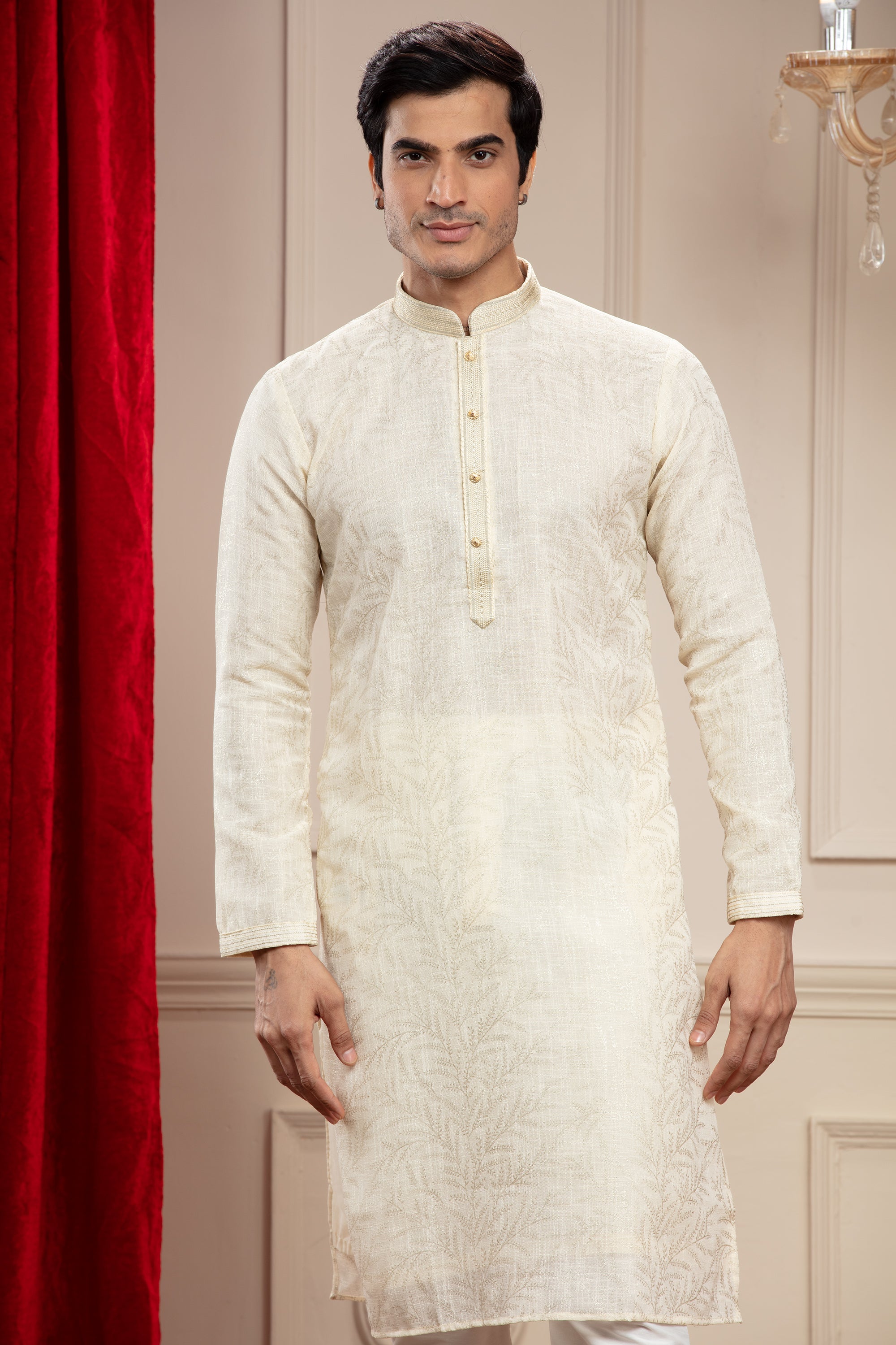 Cream White plain splendid silk kurta pajama set