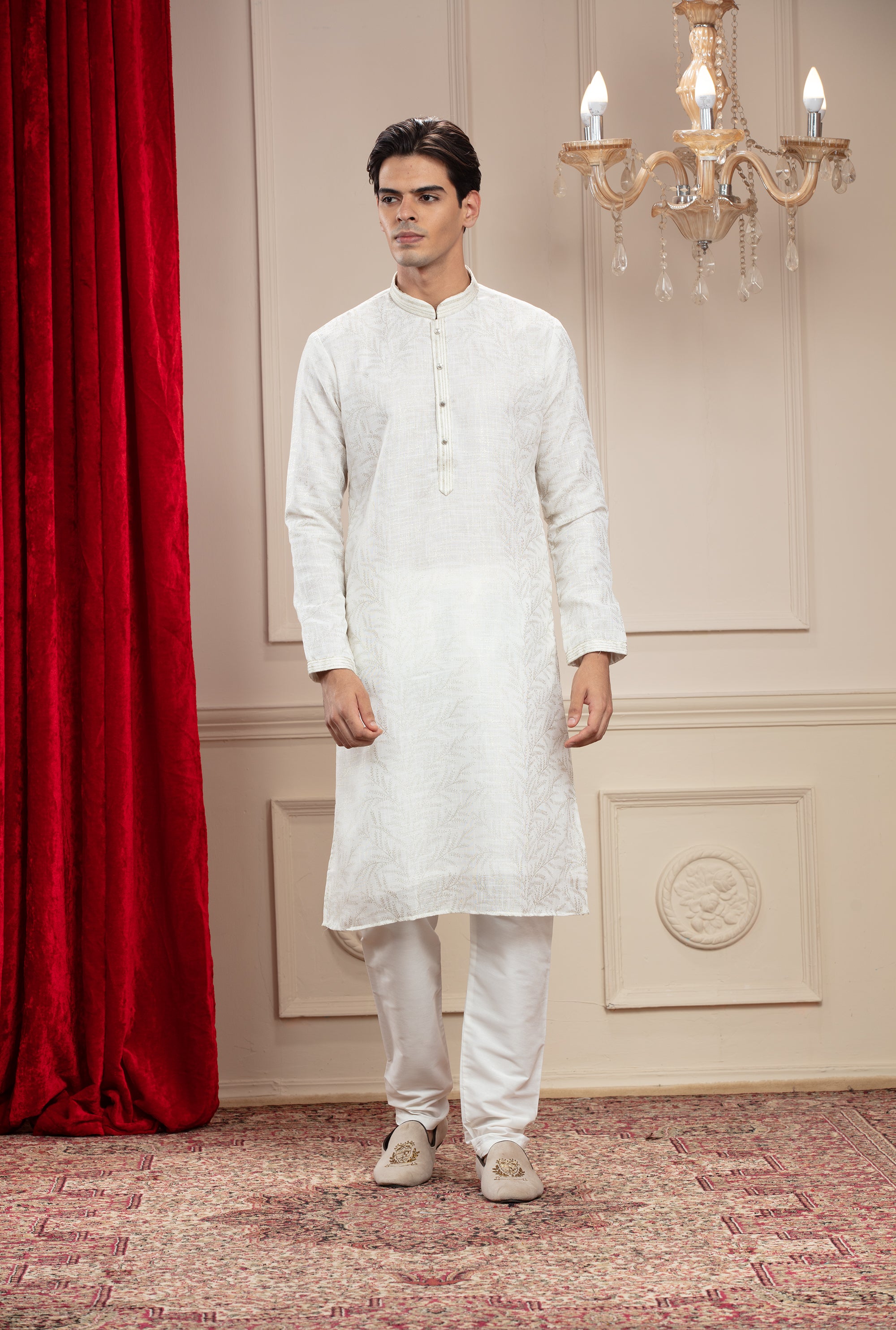 Pearl White plain splendid silk kurta pajama set