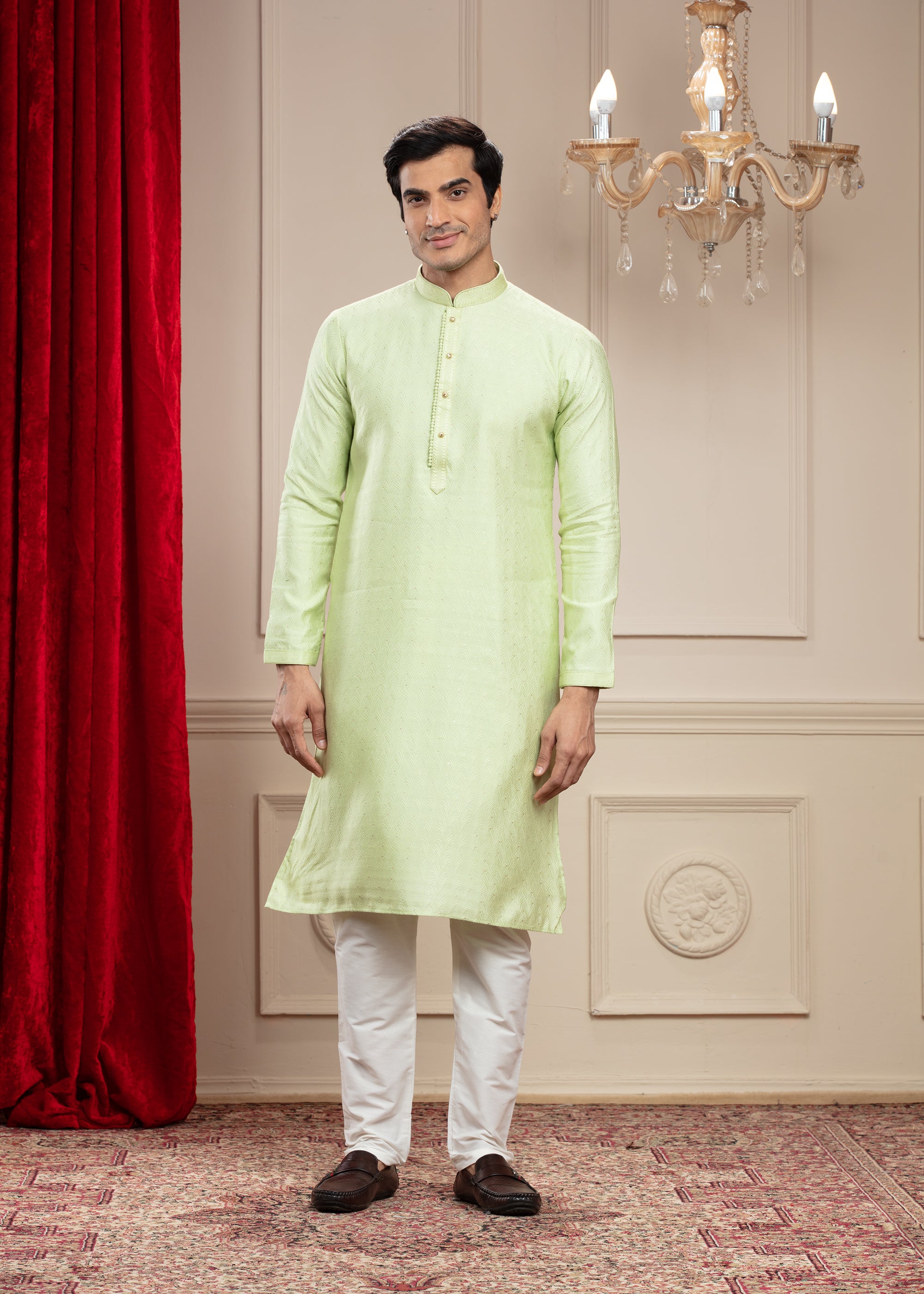 Pista Green plain splendid silk kurta pajama set