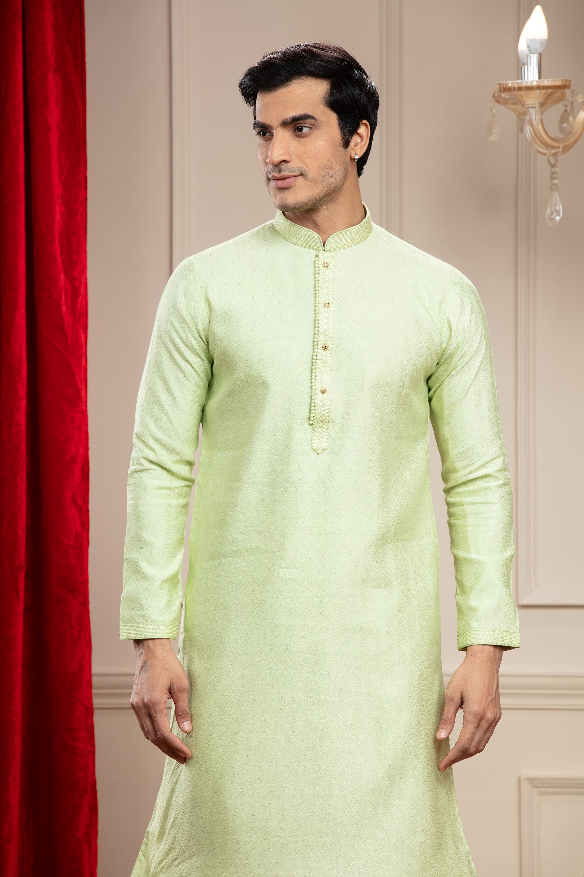 Pista Green plain splendid silk kurta pajama set