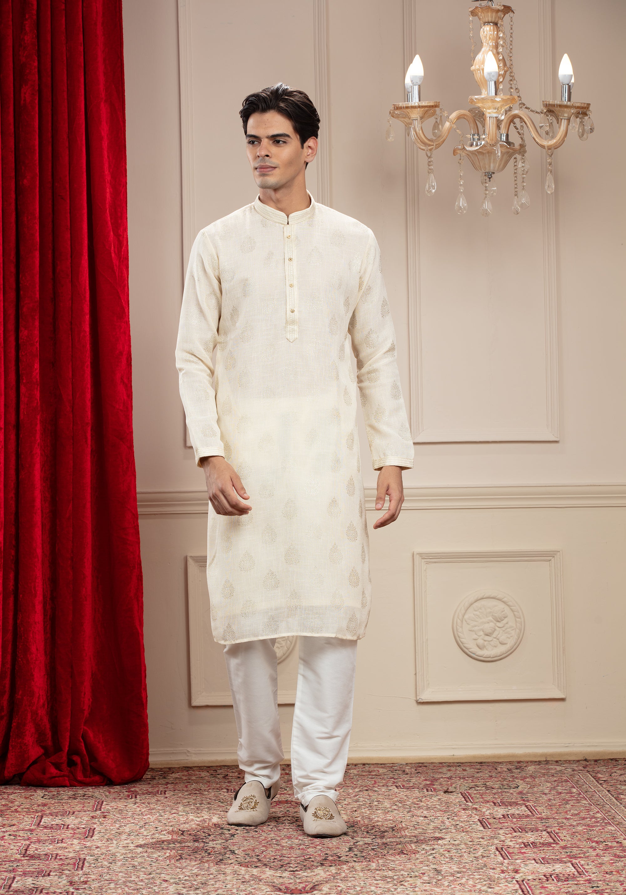 Pearl White Classic Lucknowi kurta pajama set with  small metal buttons