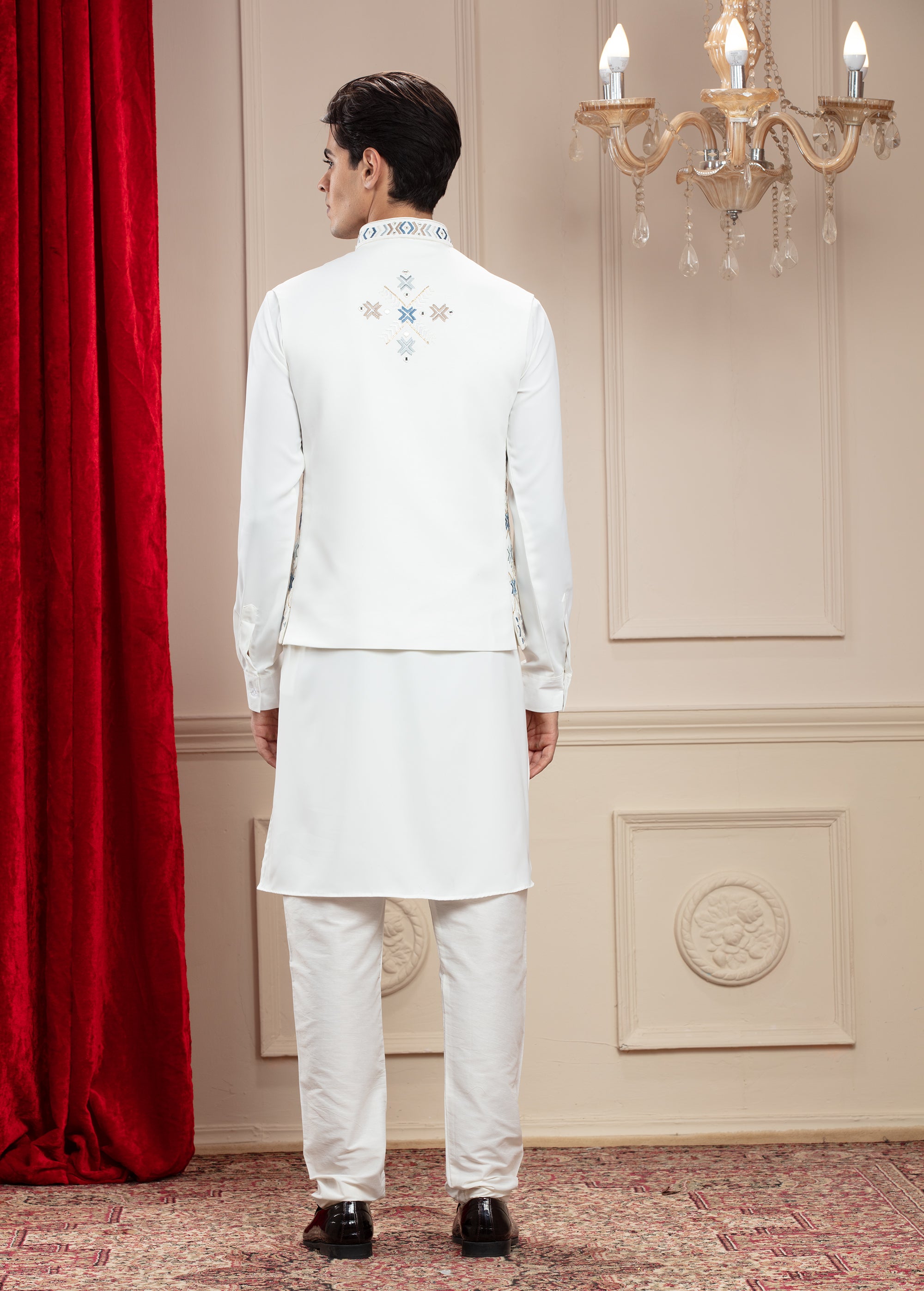 Daisy White Jacket kurta set with mirror and resham thread work