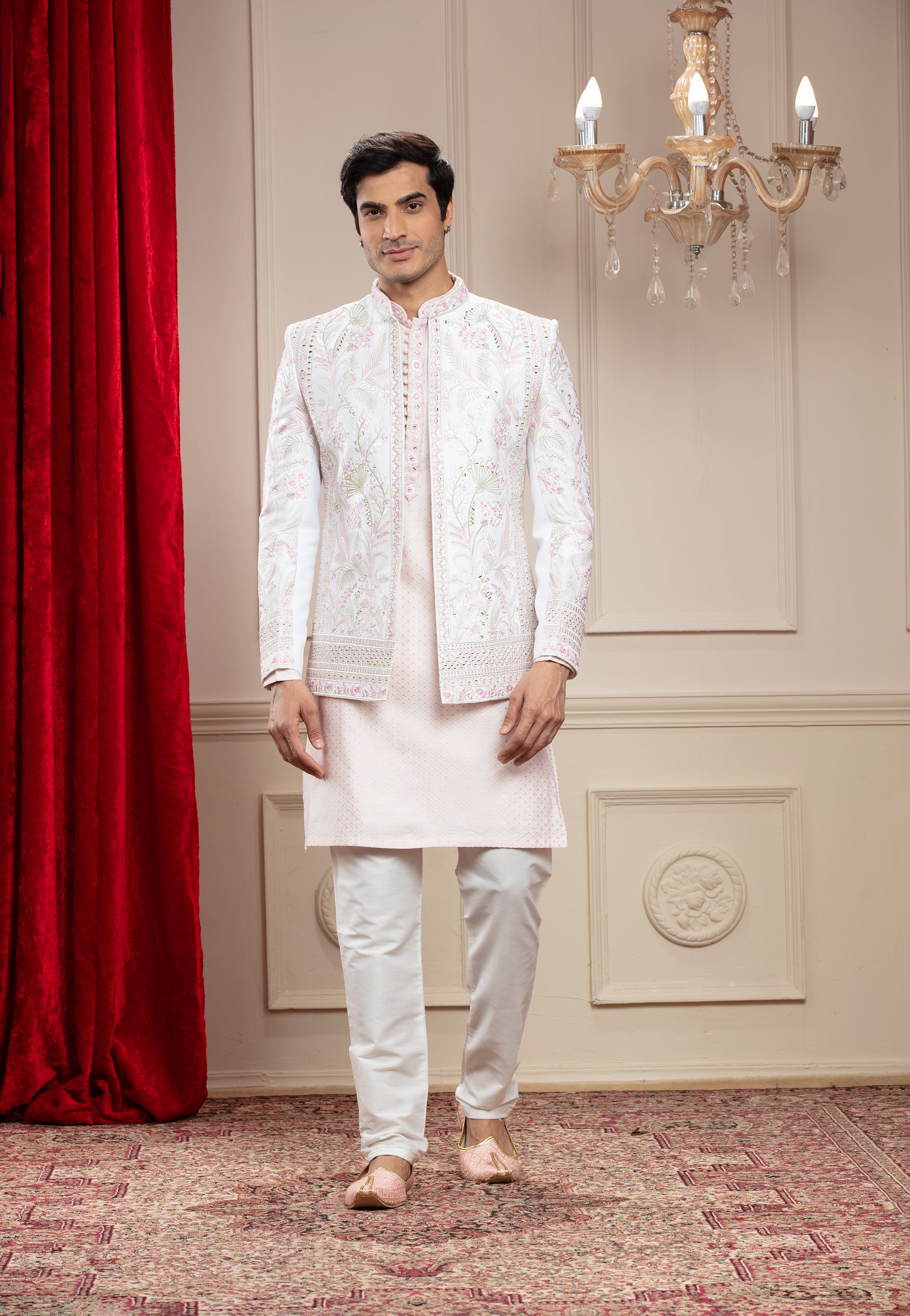 Pastel Pink Open Jodhpuri with mirror and resham embroidery