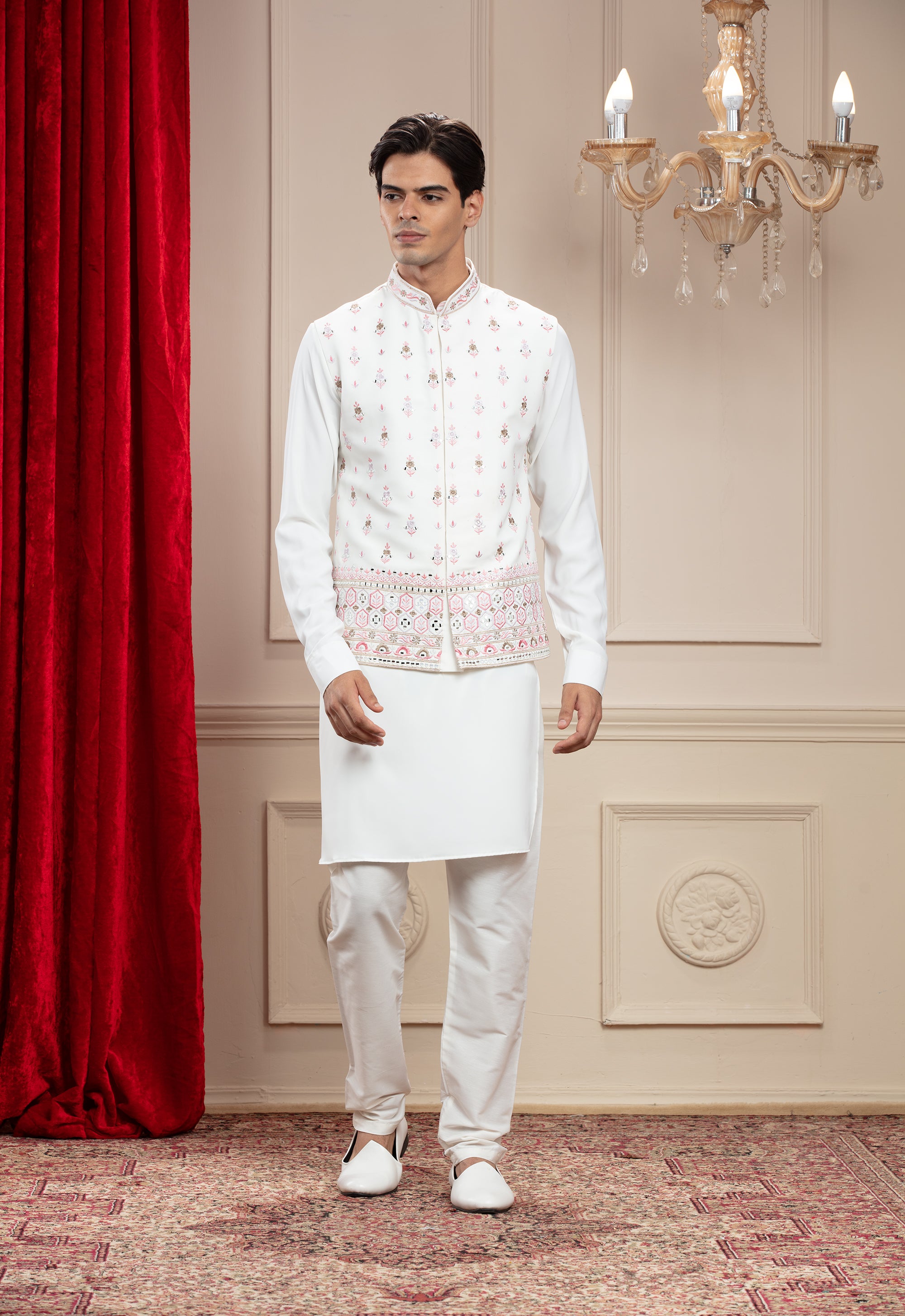 Eggshell White kurta Jacket set with mirror and resham embroidery