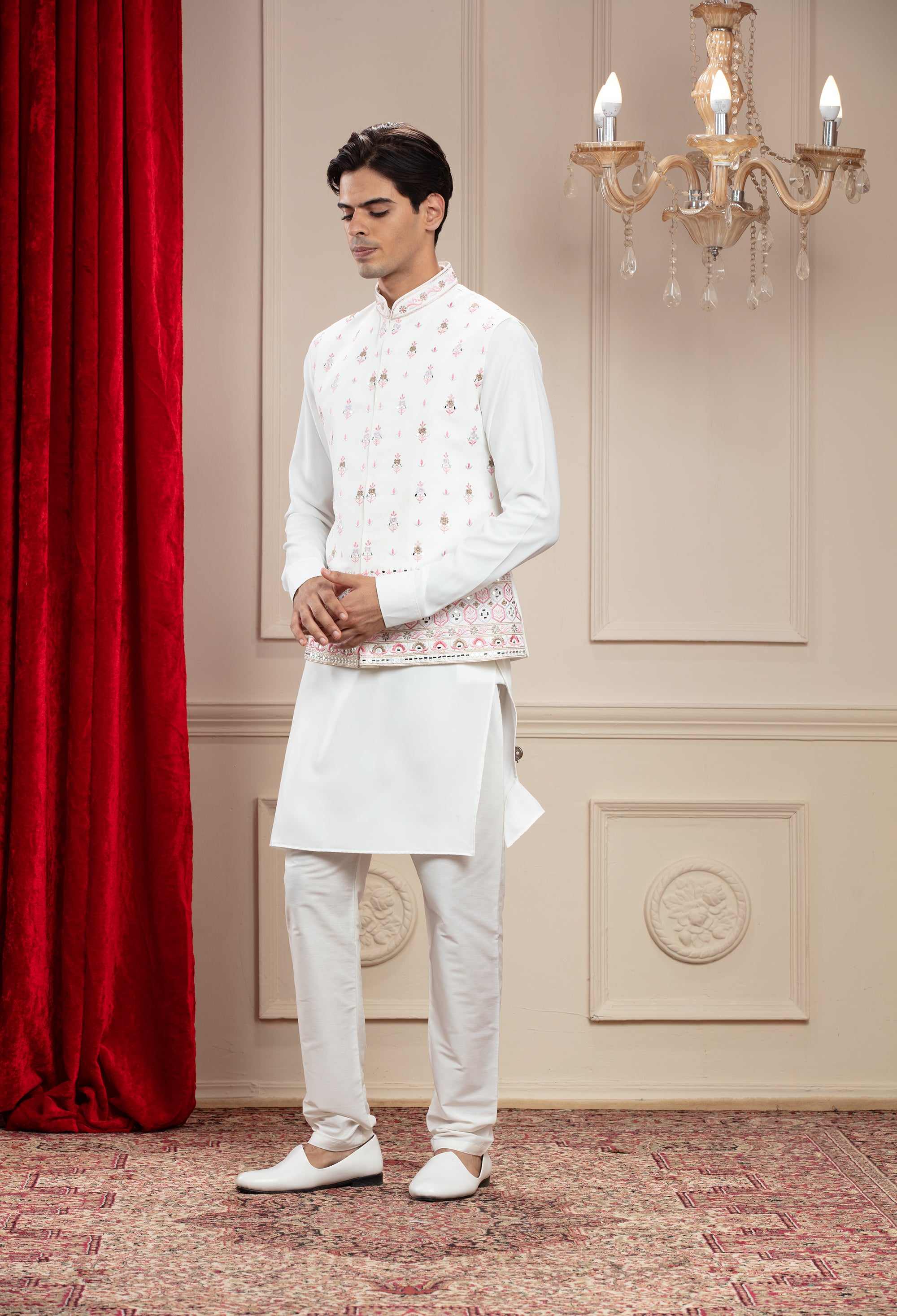Eggshell White kurta Jacket set with mirror and resham embroidery