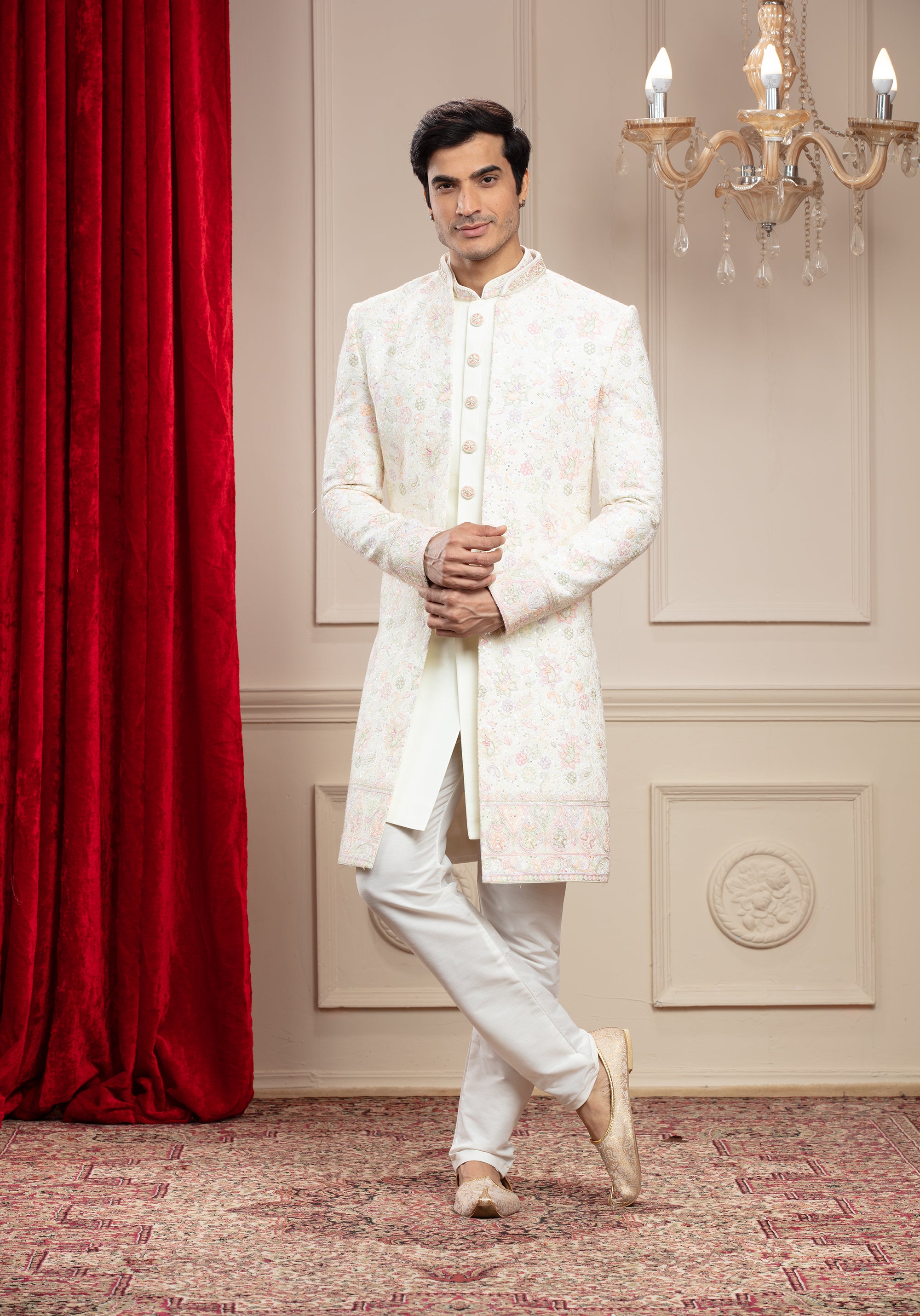 Ivory White Open indo western set with machine embroidery