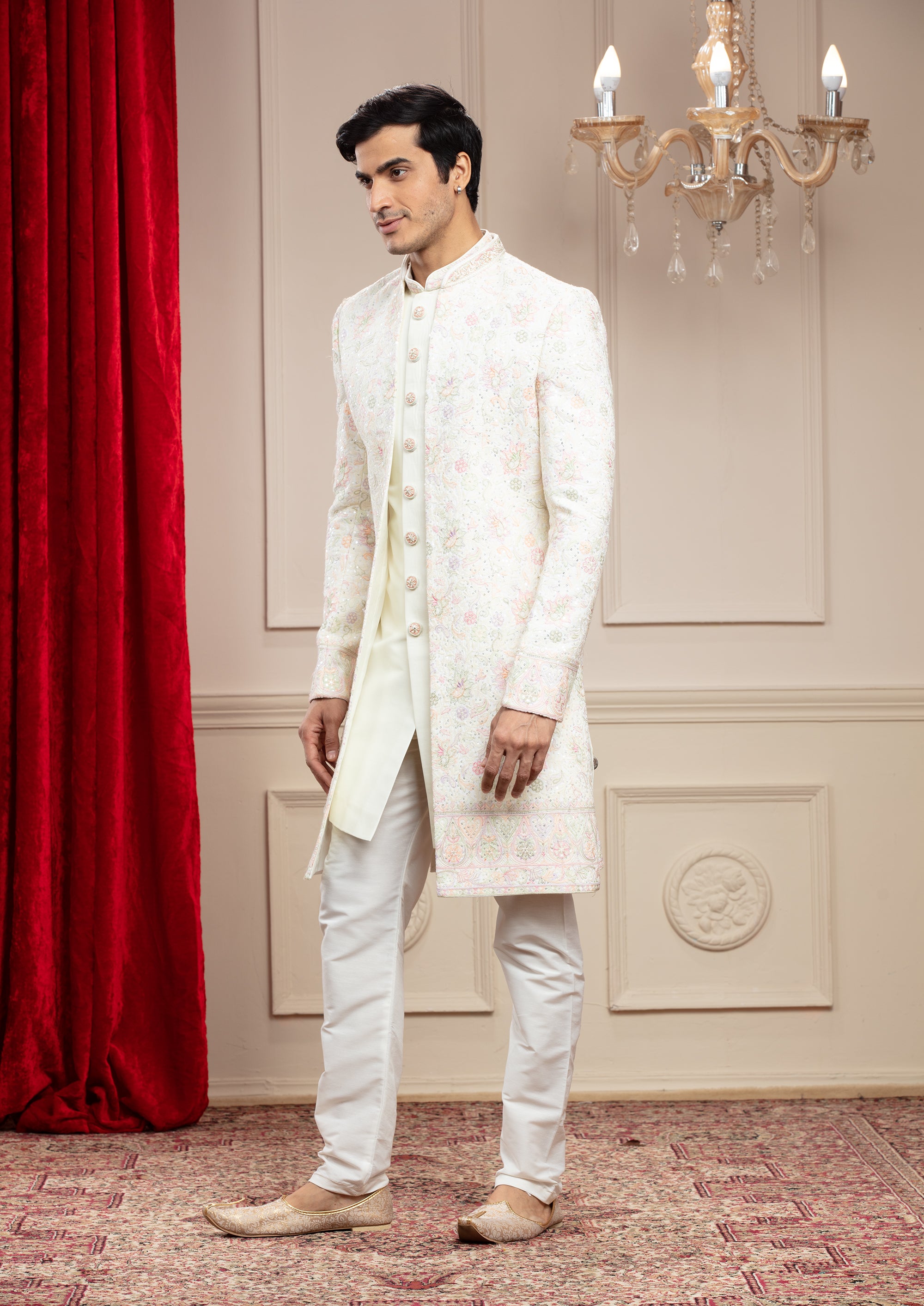 Ivory White Open indo western set with machine embroidery