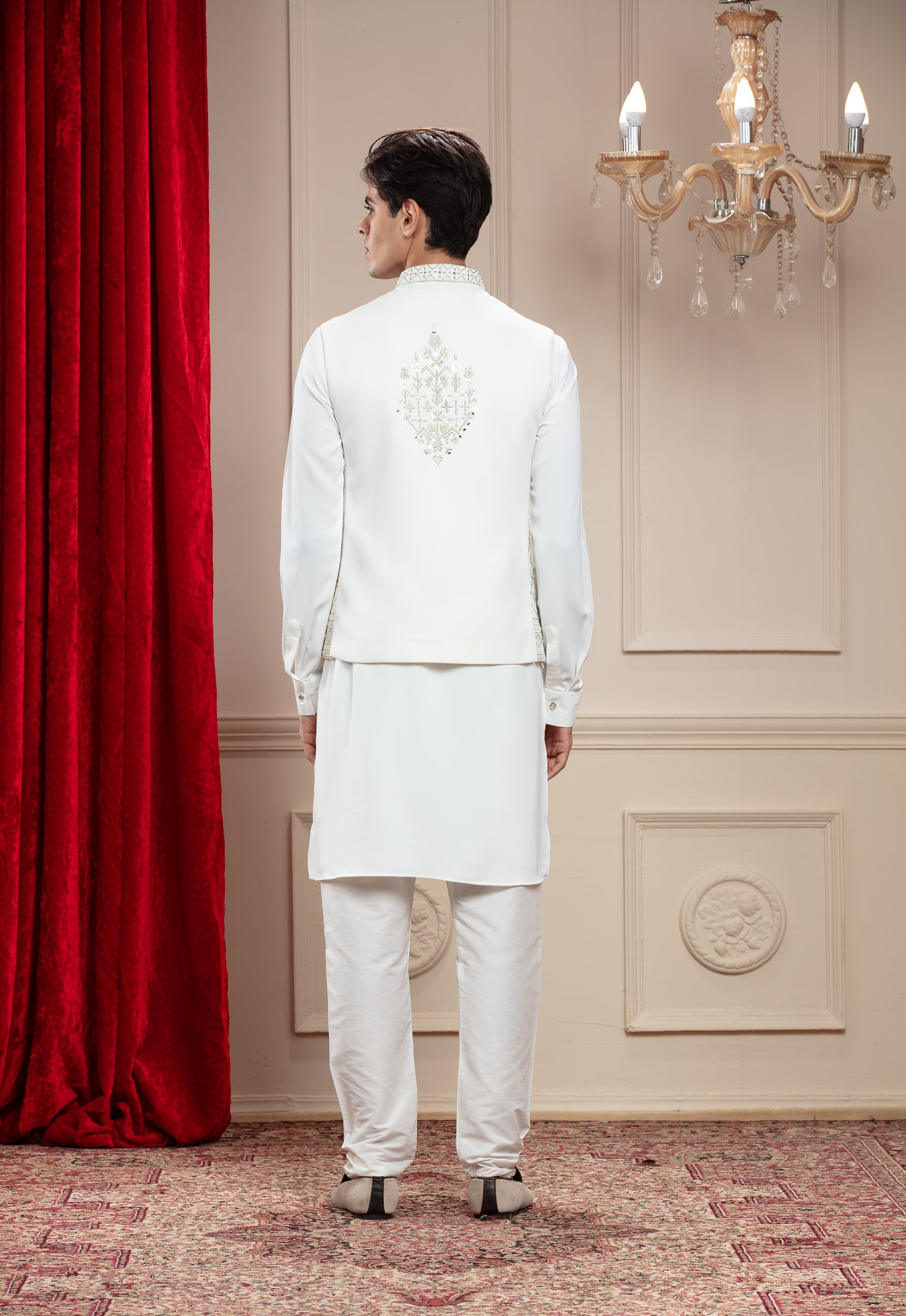 Porcelain white jacket kurta set with mirror work