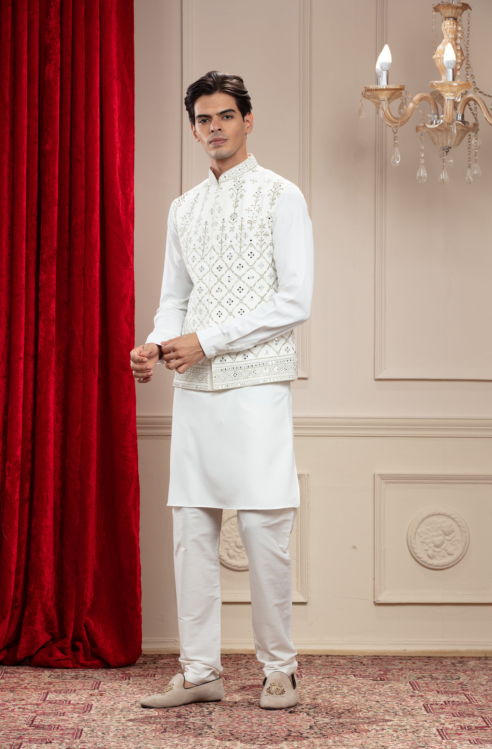 Porcelain white jacket kurta set with mirror work