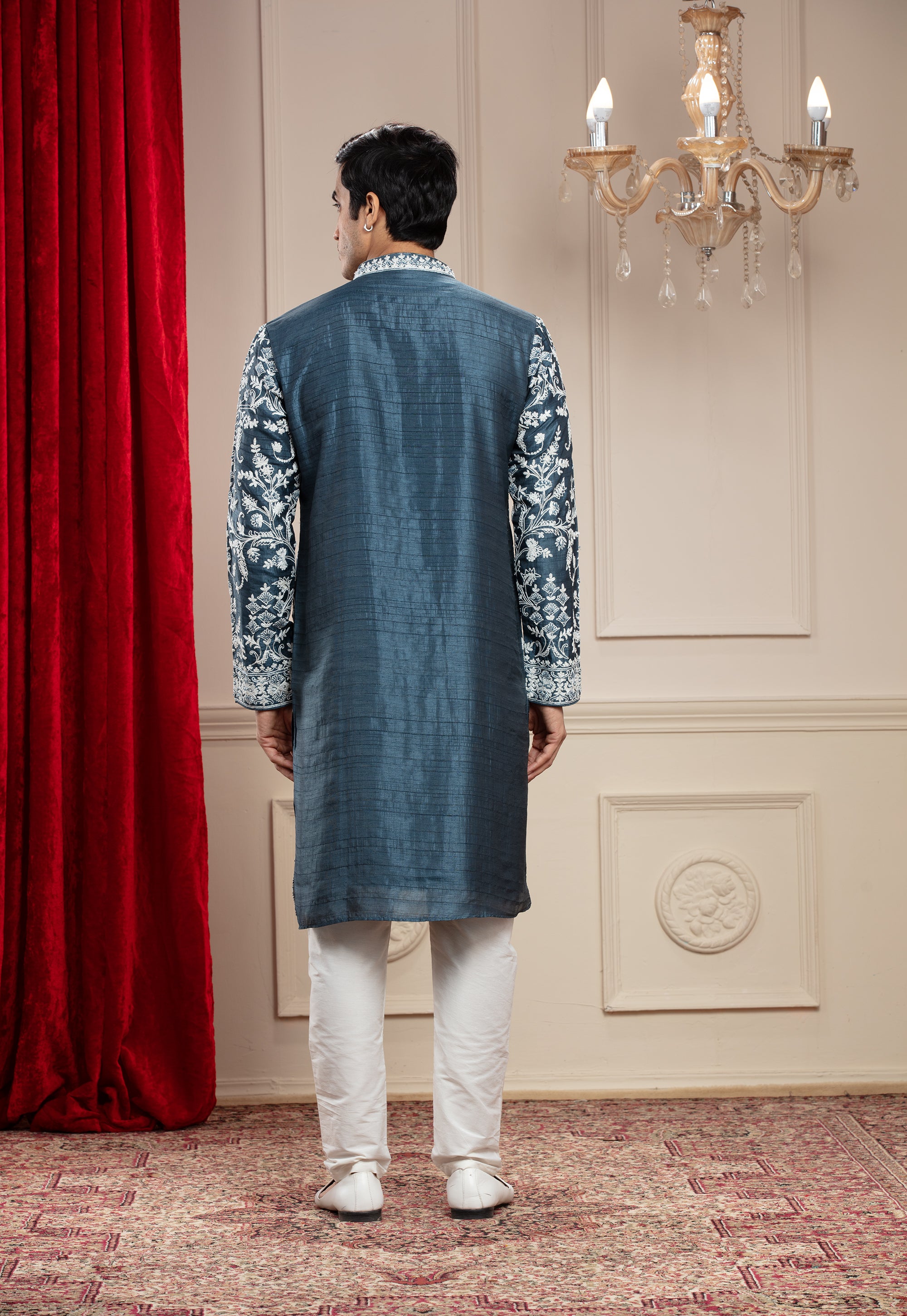 French Blue Banarasi Silk kurta pajama set with all over white thread work