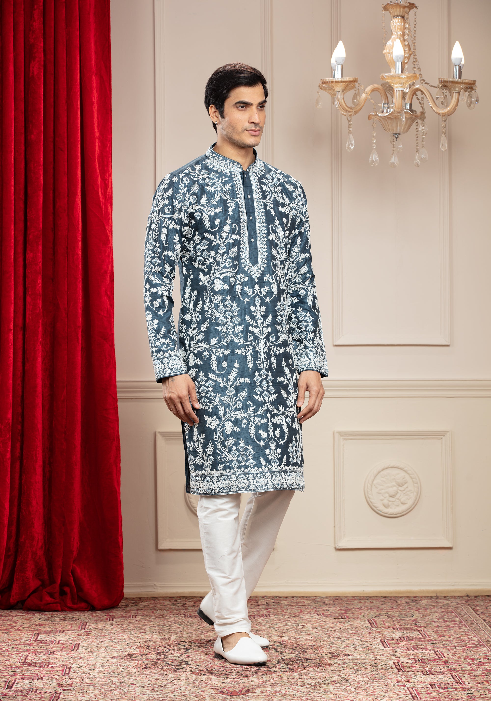 French Blue Banarasi Silk kurta pajama set with all over white thread work