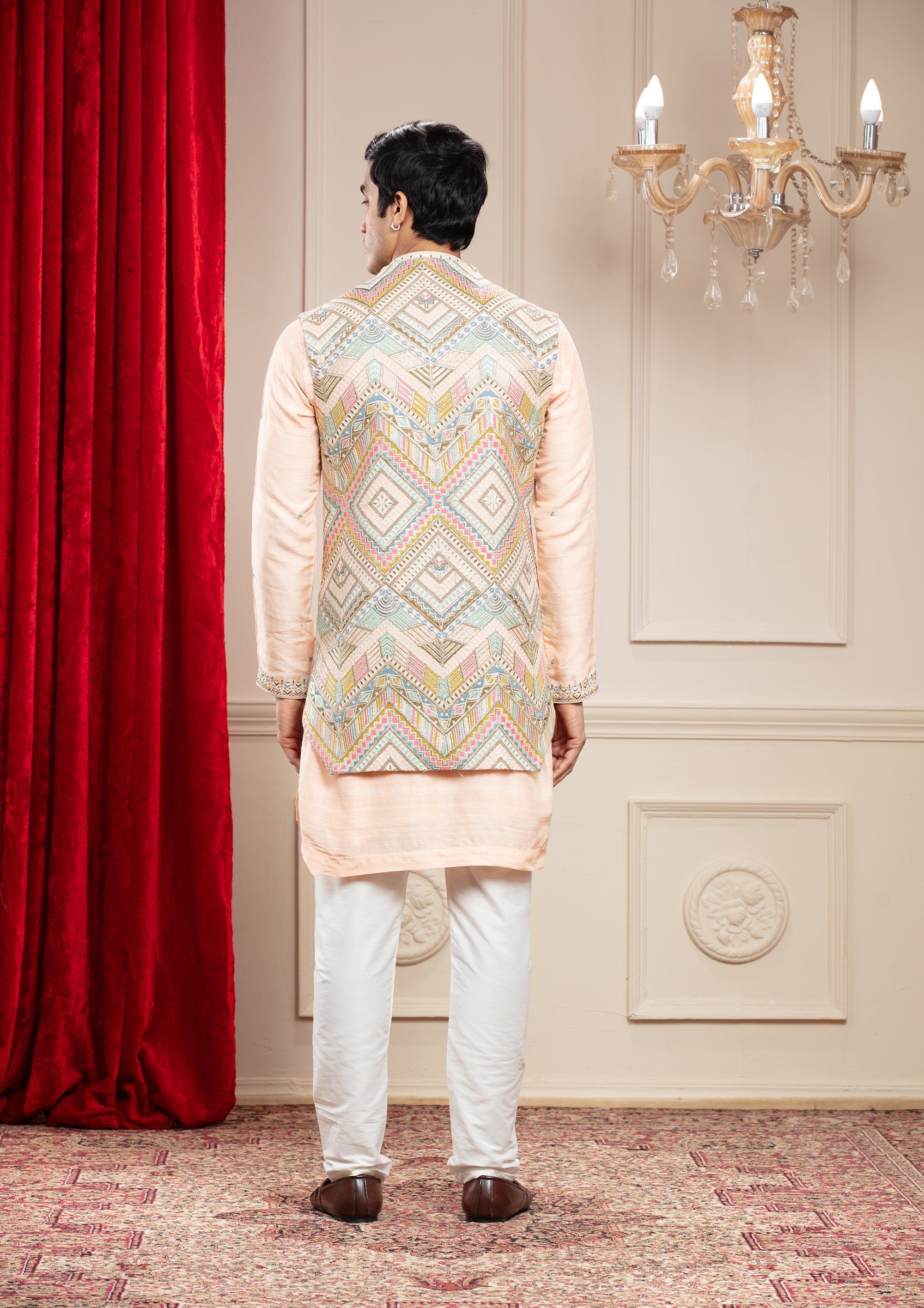 Apricot Peach and Multicoloured Open Indo Western Long Jacket set with hand embroidery and aplic work