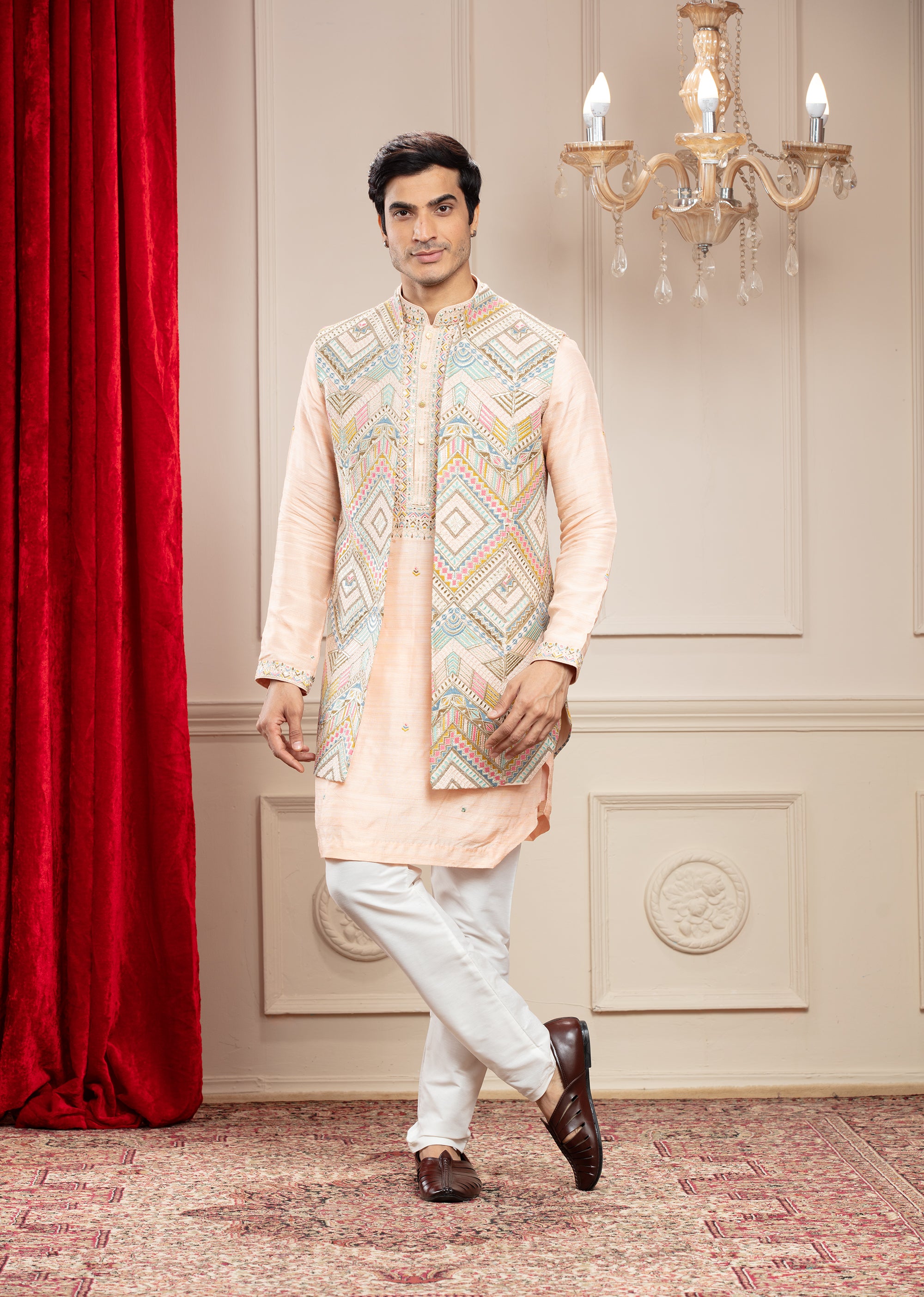 Apricot Peach and Multicoloured Open Indo Western Long Jacket set with hand embroidery and aplic work