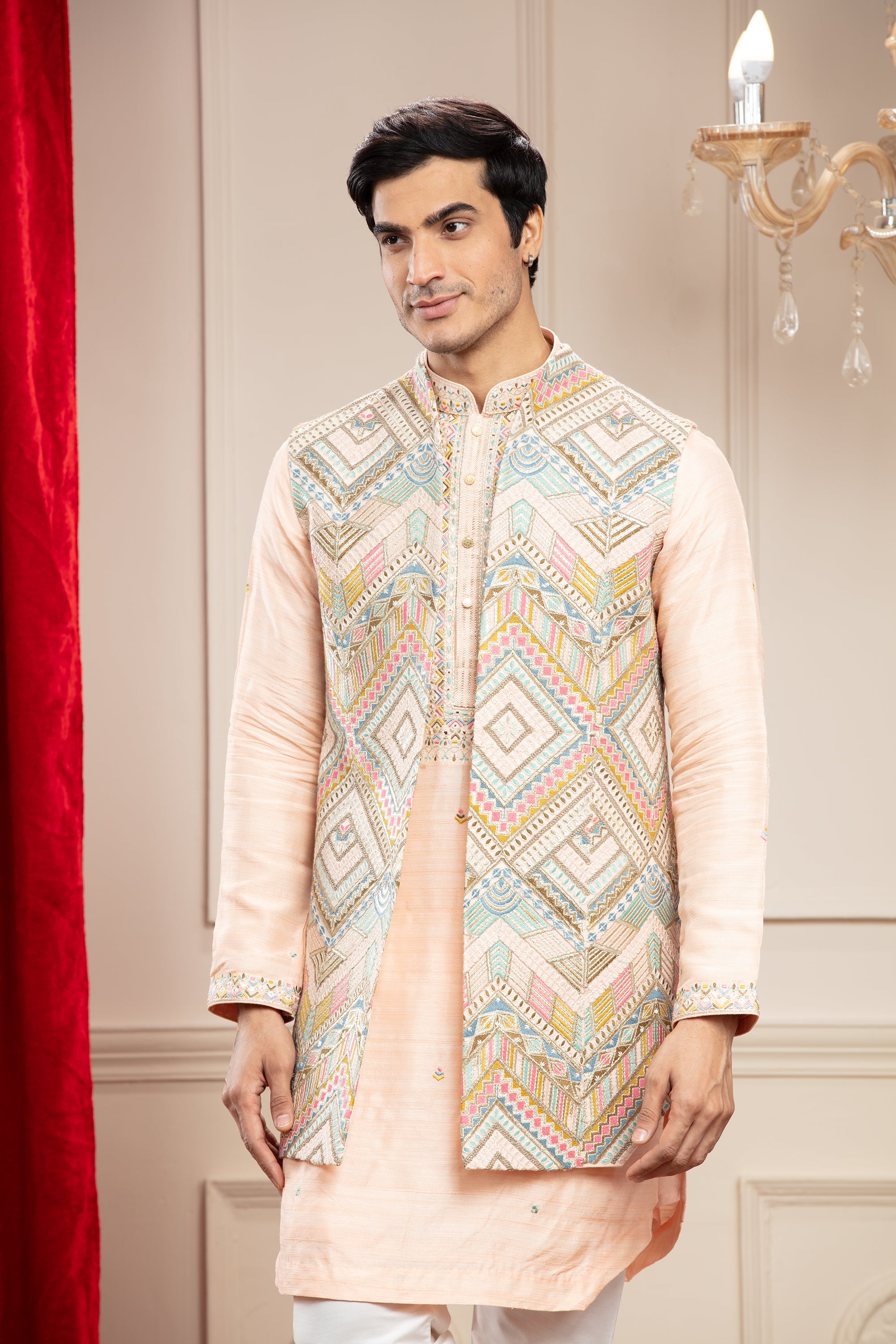 Apricot Peach and Multicoloured Open Indo Western Long Jacket set with hand embroidery and aplic work