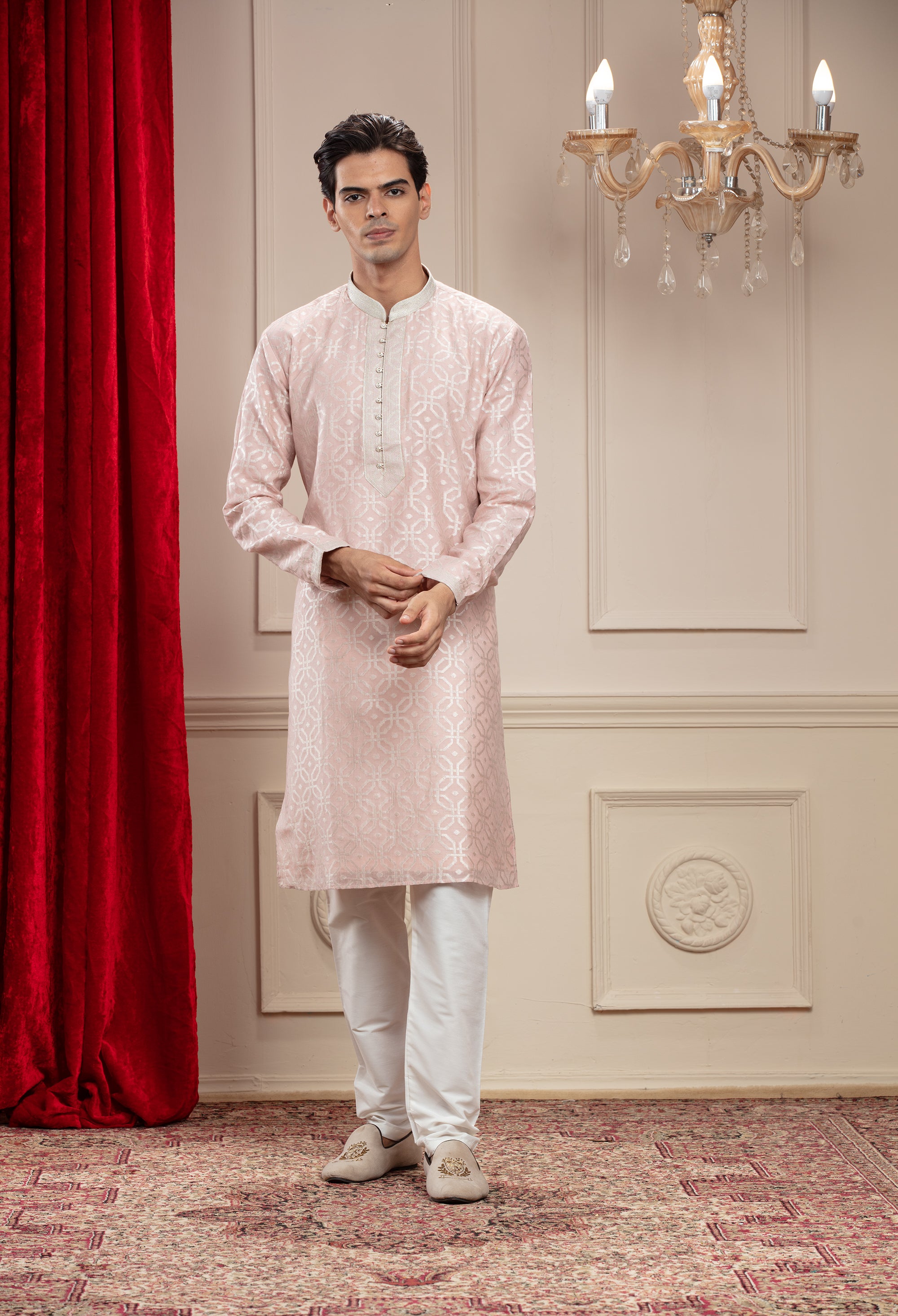 Blush Pink Banarasi Printed Silk kurta pajama set