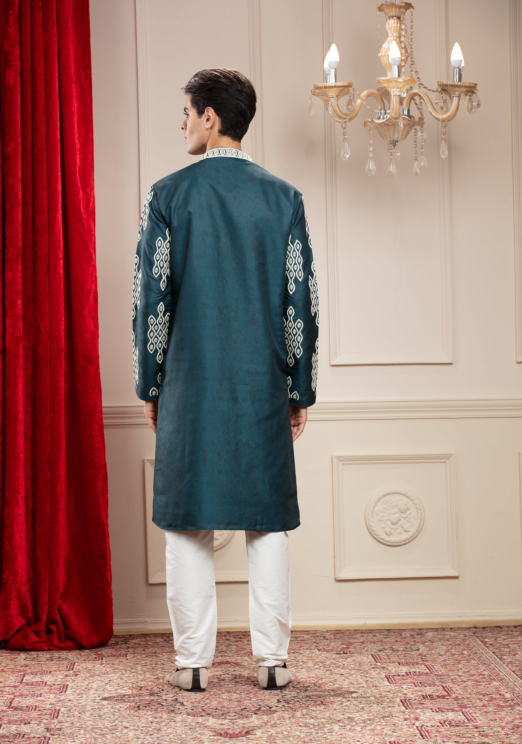 Pine Green Banarasi Silk kurta pajama set with cutdana and resham work
