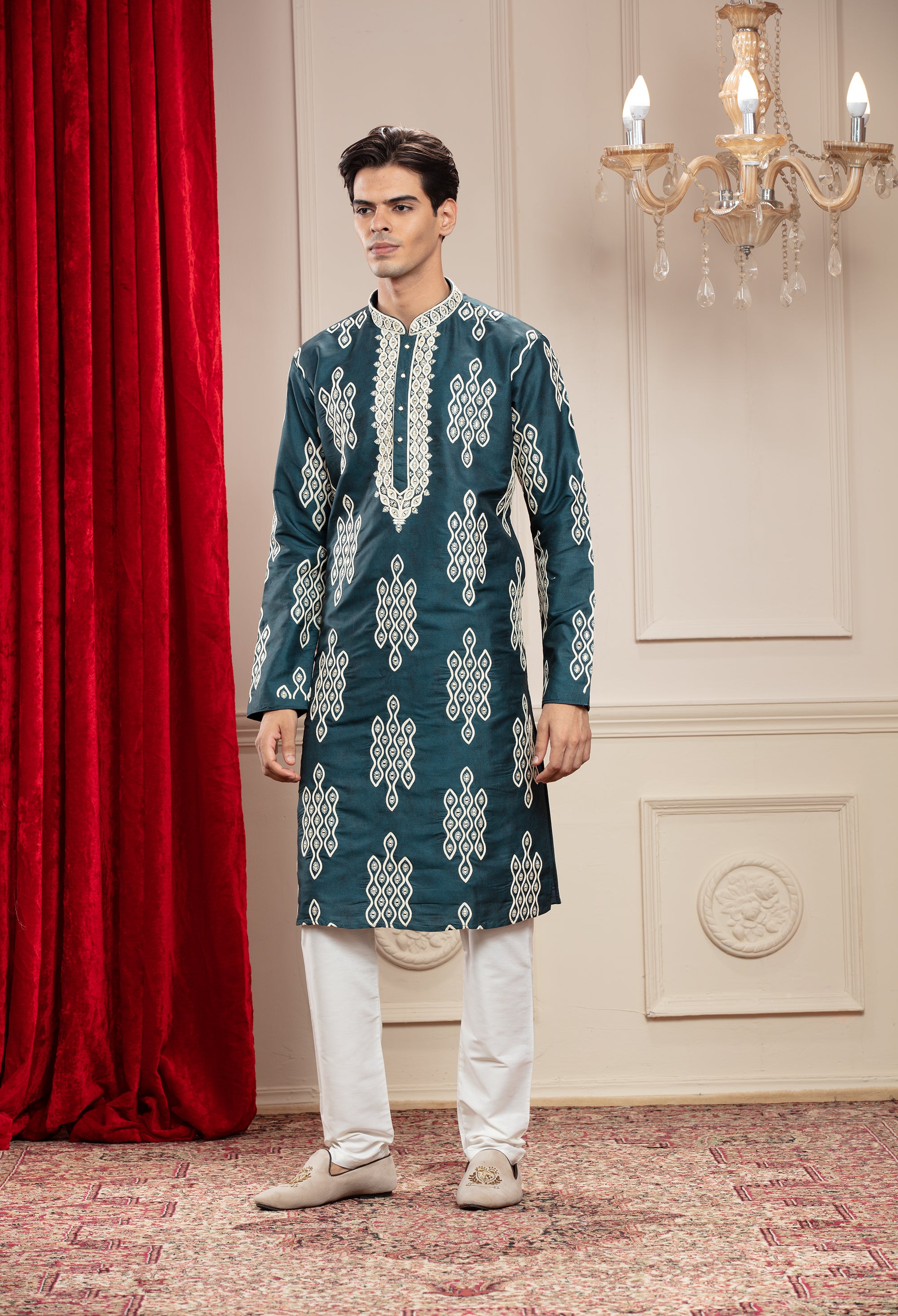 Pine Green Banarasi Silk kurta pajama set with cutdana and resham work