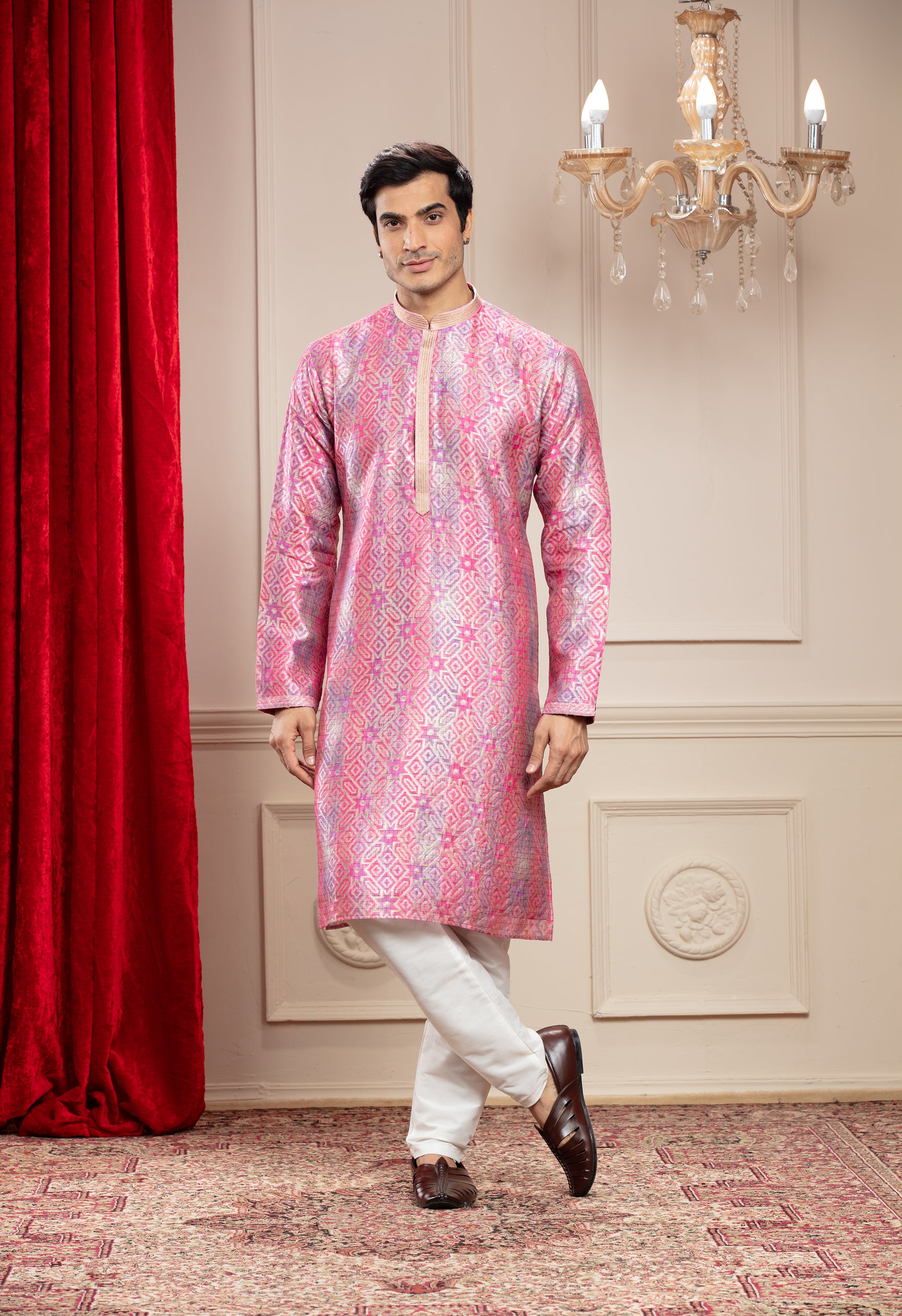 Flamingo Pink Printed Banarasi silk kurta pajama set