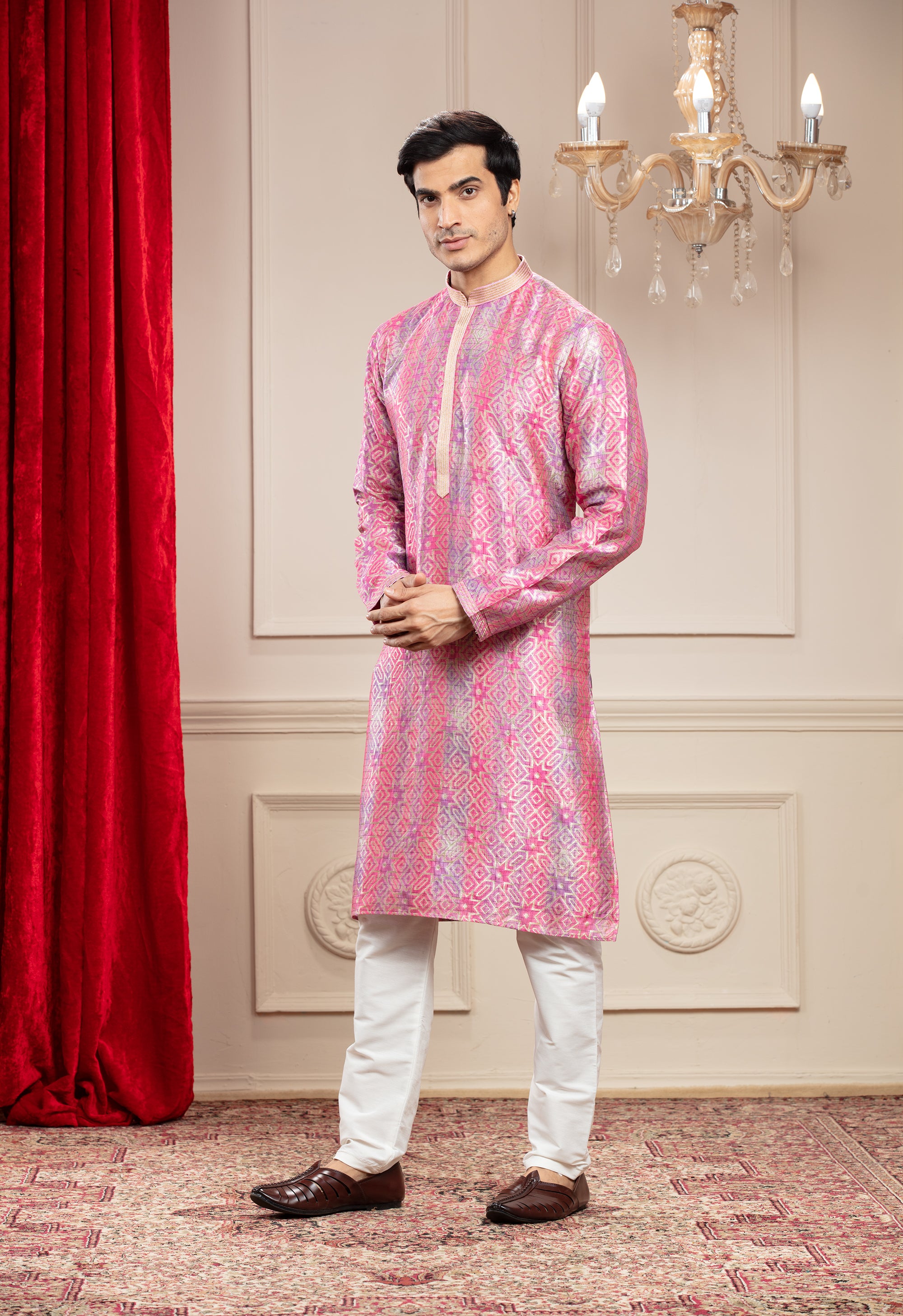 Flamingo Pink Printed Banarasi silk kurta pajama set