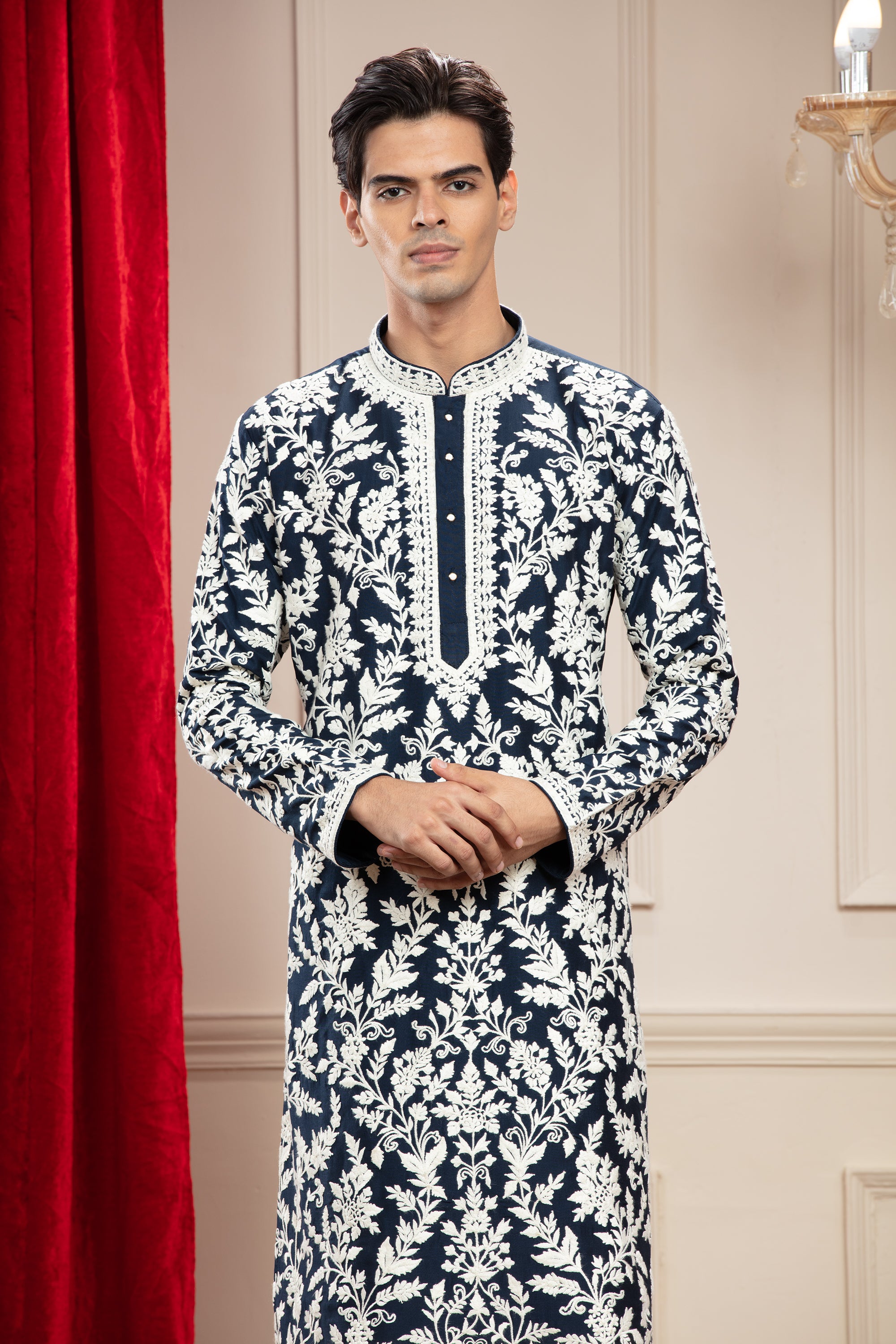 Deep Blue Banarasi Silk kurta pajama set with all over white thread work