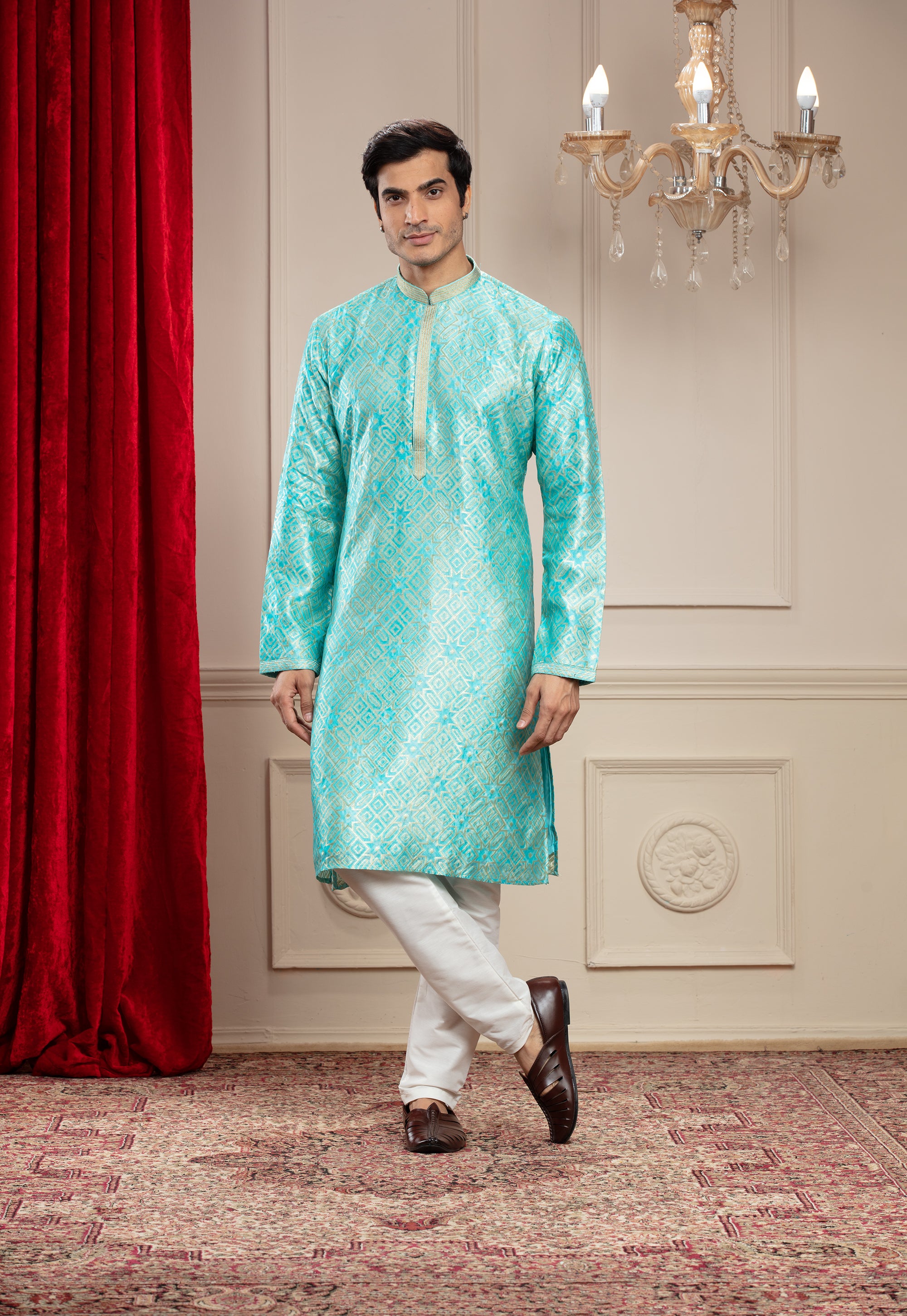 Ultramarine green Banarasi kurta pajama with thread embroidery