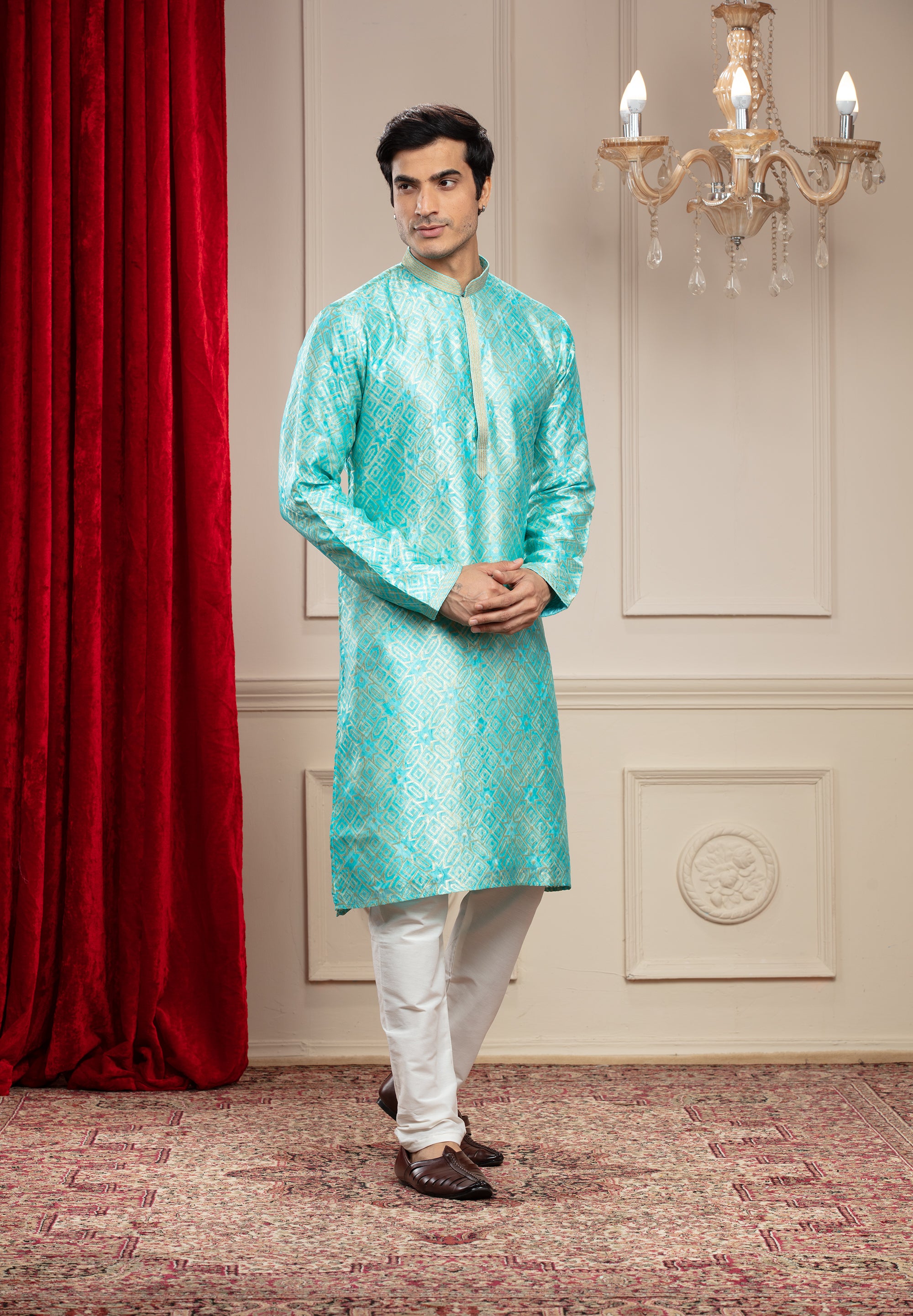 Ultramarine green Banarasi kurta pajama with thread embroidery