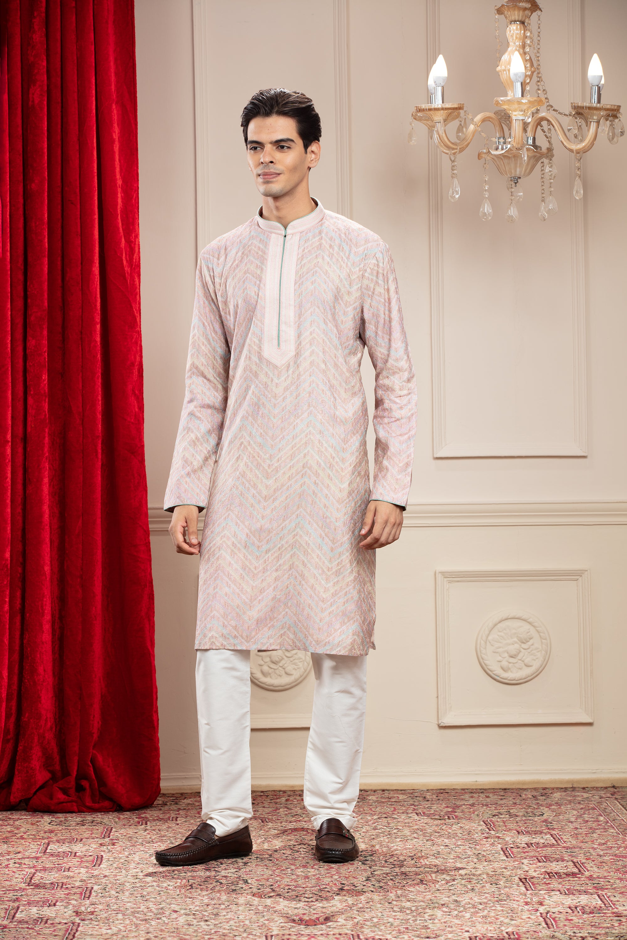Carnation Pink Banarasi kurta pajama with thread embroidery