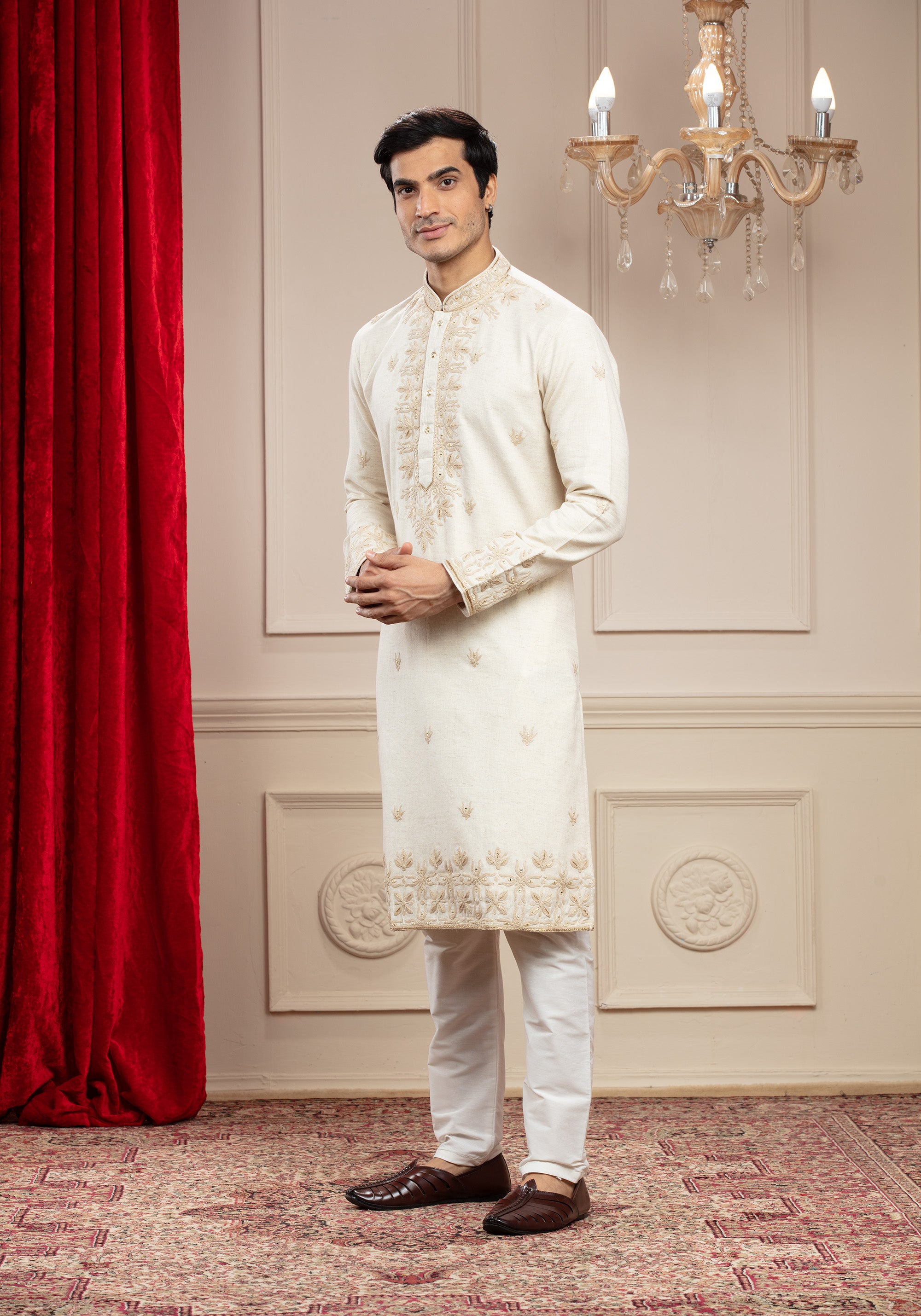 Cream White kurta pajama Set with resham and zardosi work