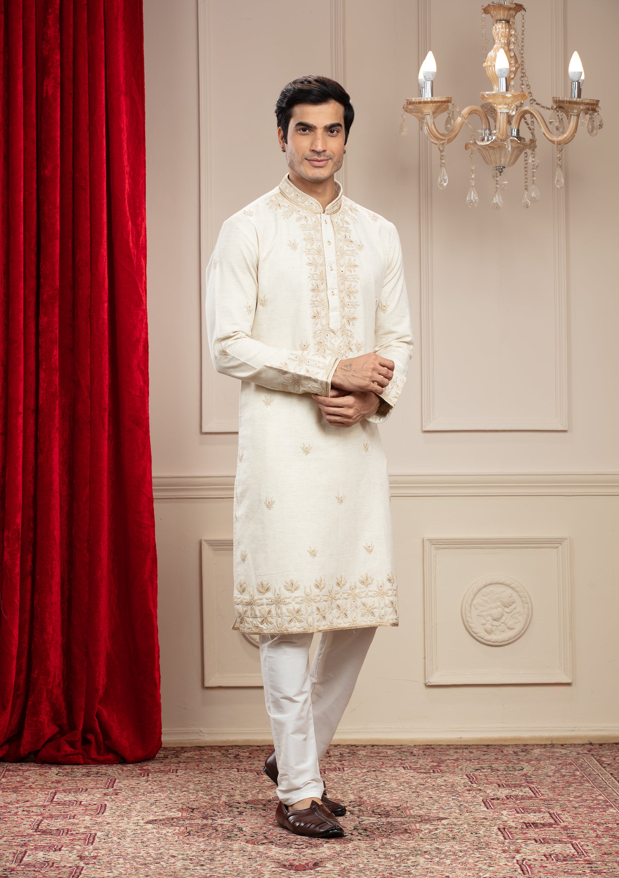 Cream White kurta pajama Set with resham and zardosi work