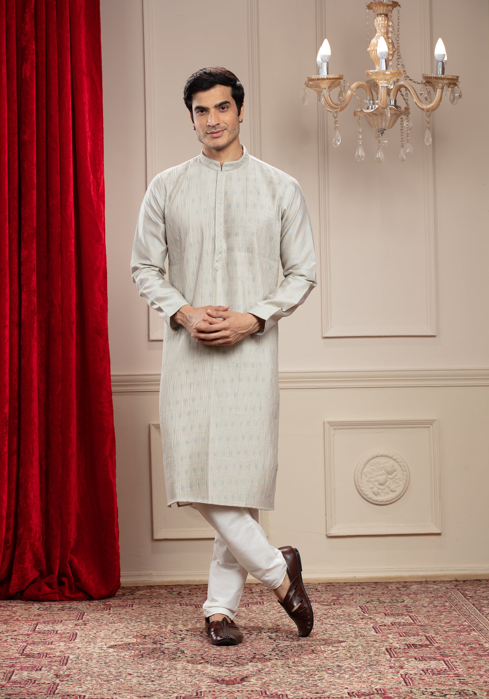 Silverish white Classic pleating patterned kurta pajama set