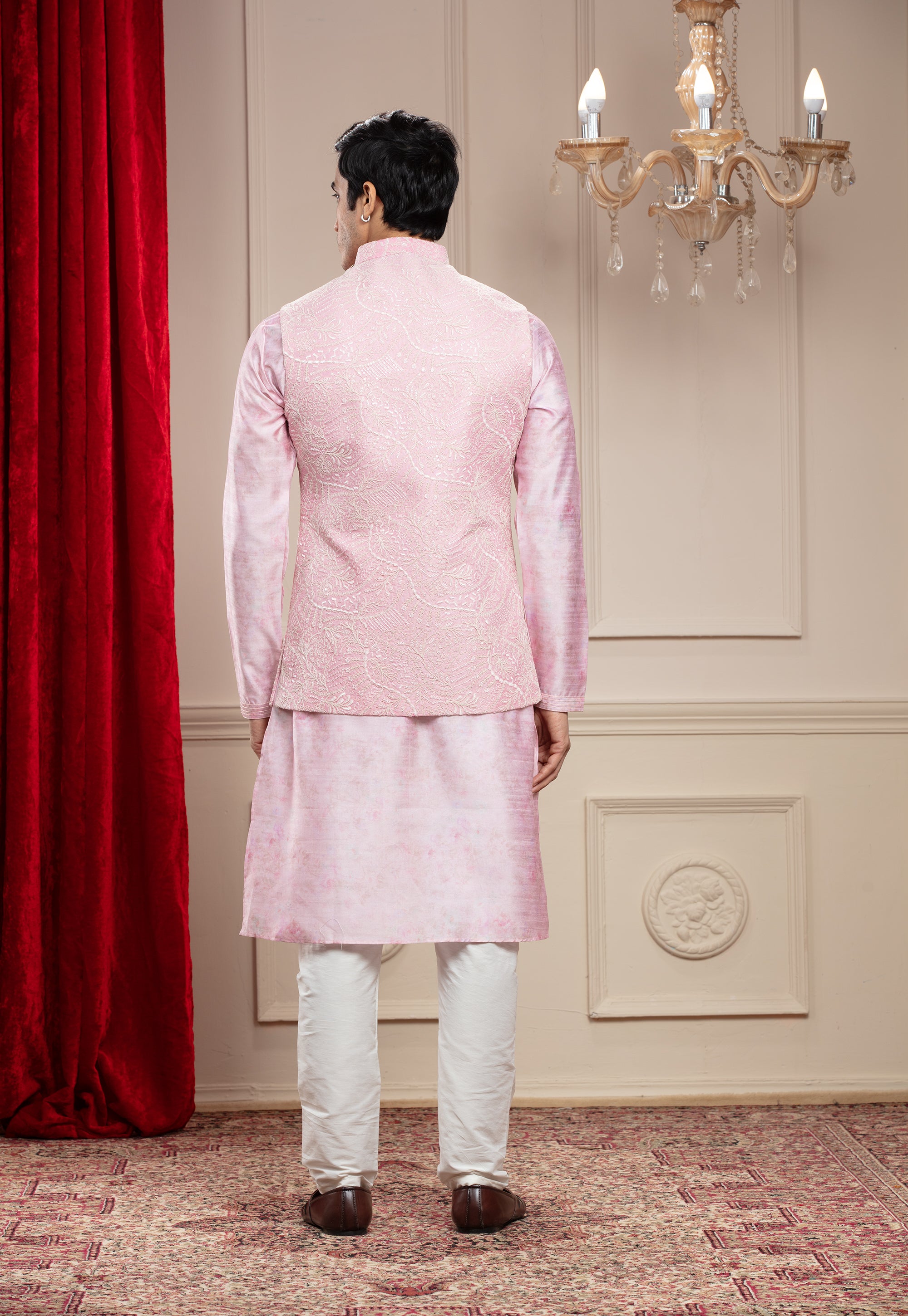 Handwork Pink Open Jacket Kurta Set for Men