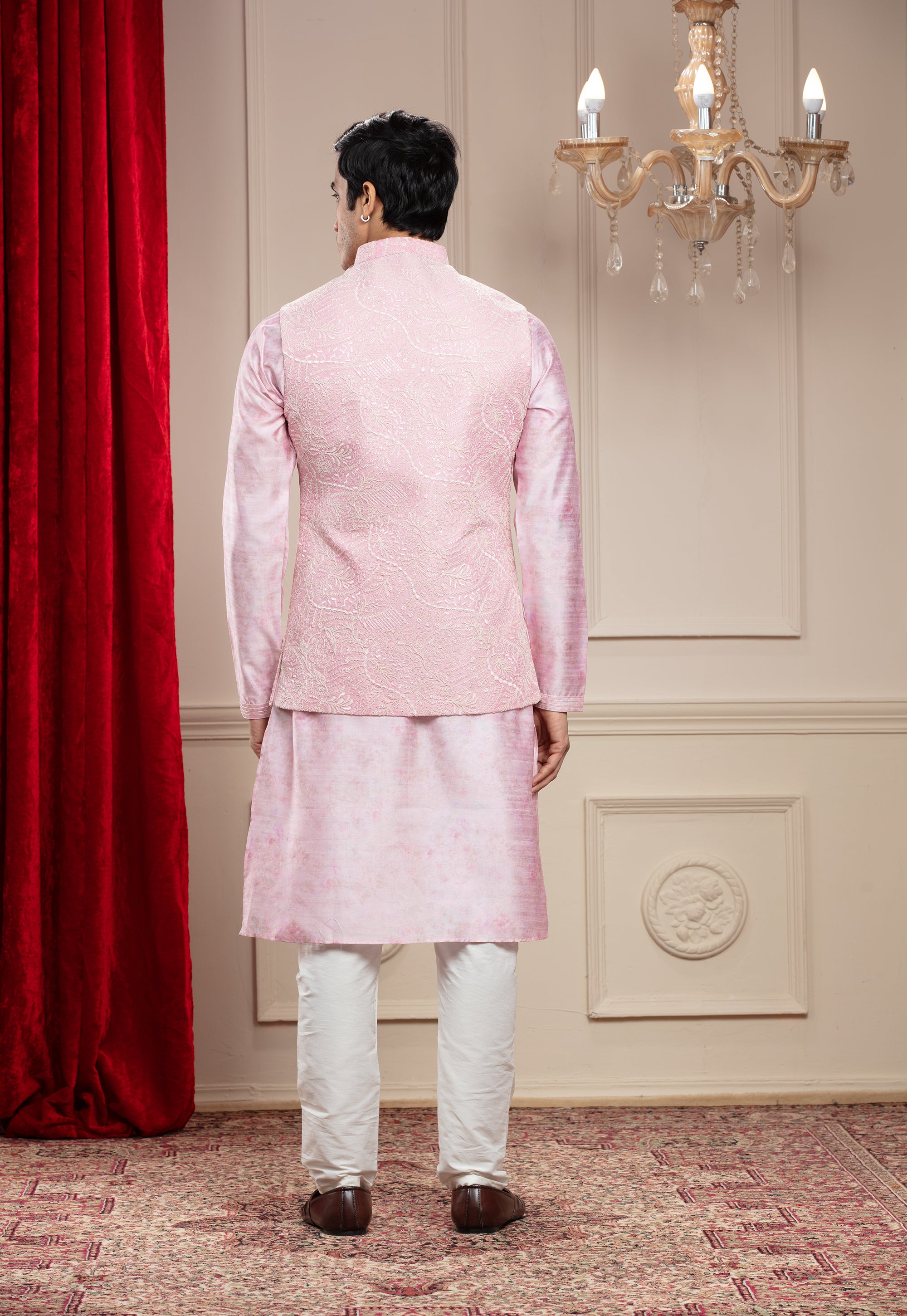 Rosé Quartz Pink Lucknowi kurta Jacket Set with cutdana work and brooch