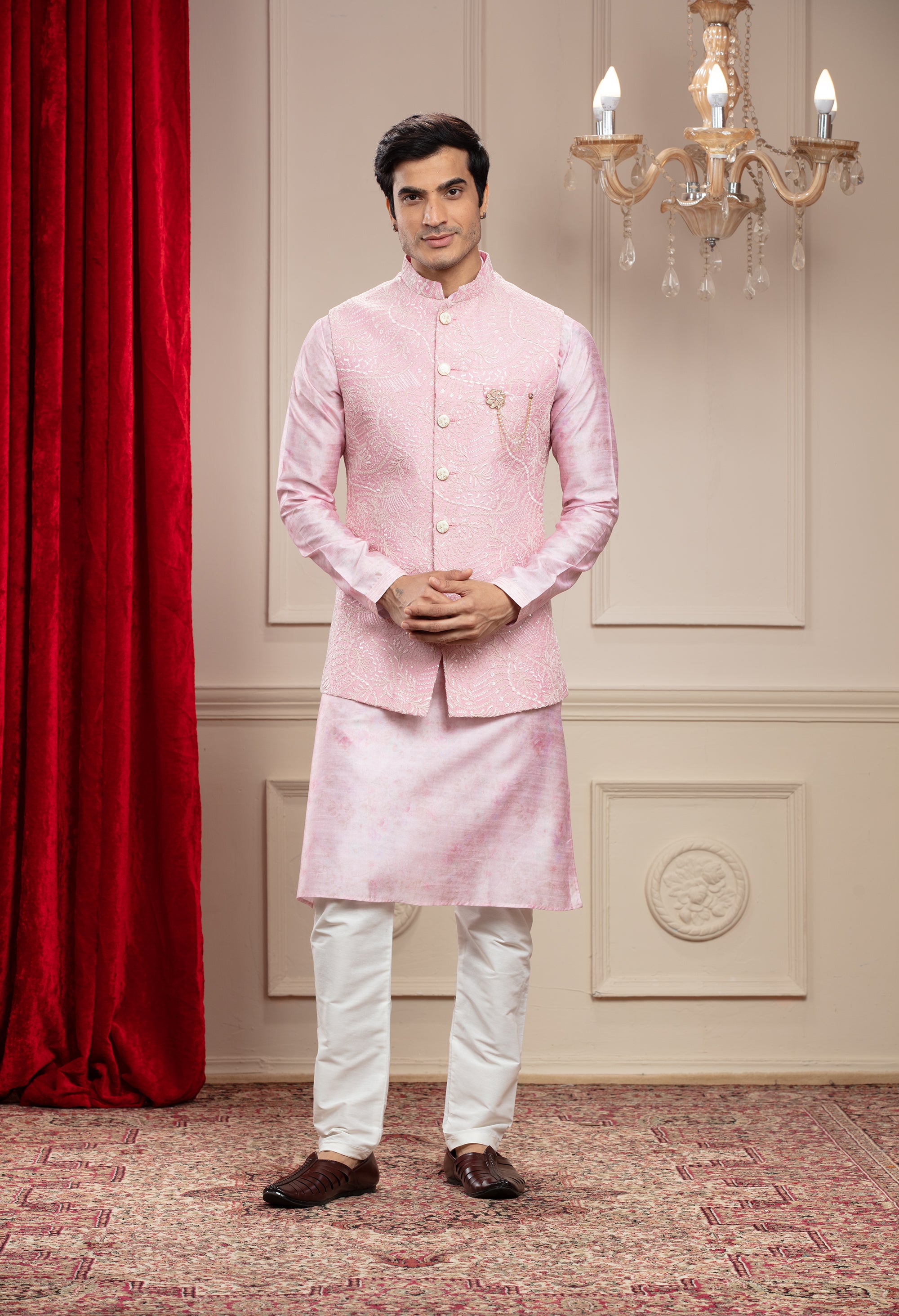 Rosé Quartz Pink Lucknowi kurta Jacket Set with cutdana work and brooch