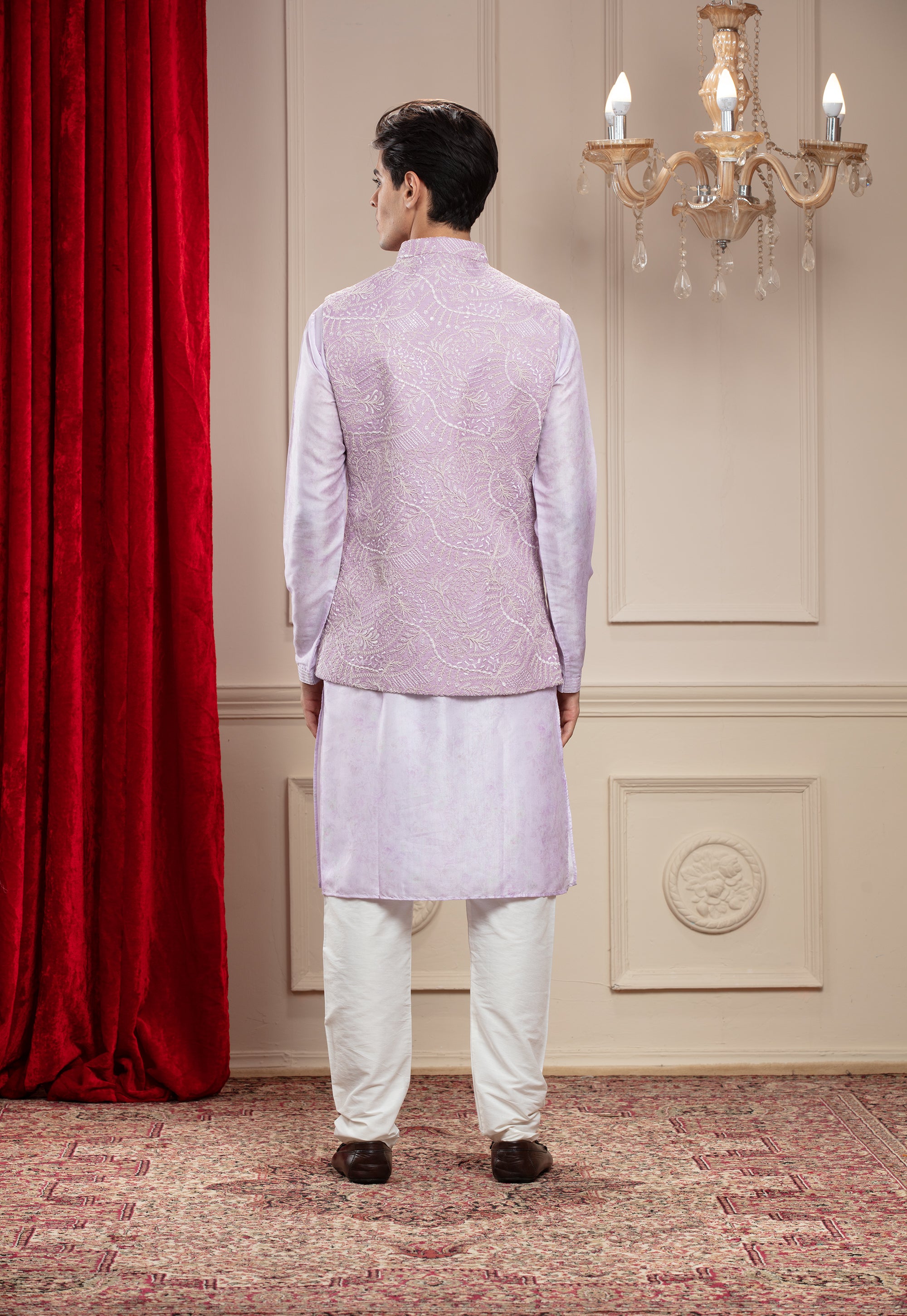 Lavender Mauve Lucknowi kurta Jacket Set with cutdana work and brooch