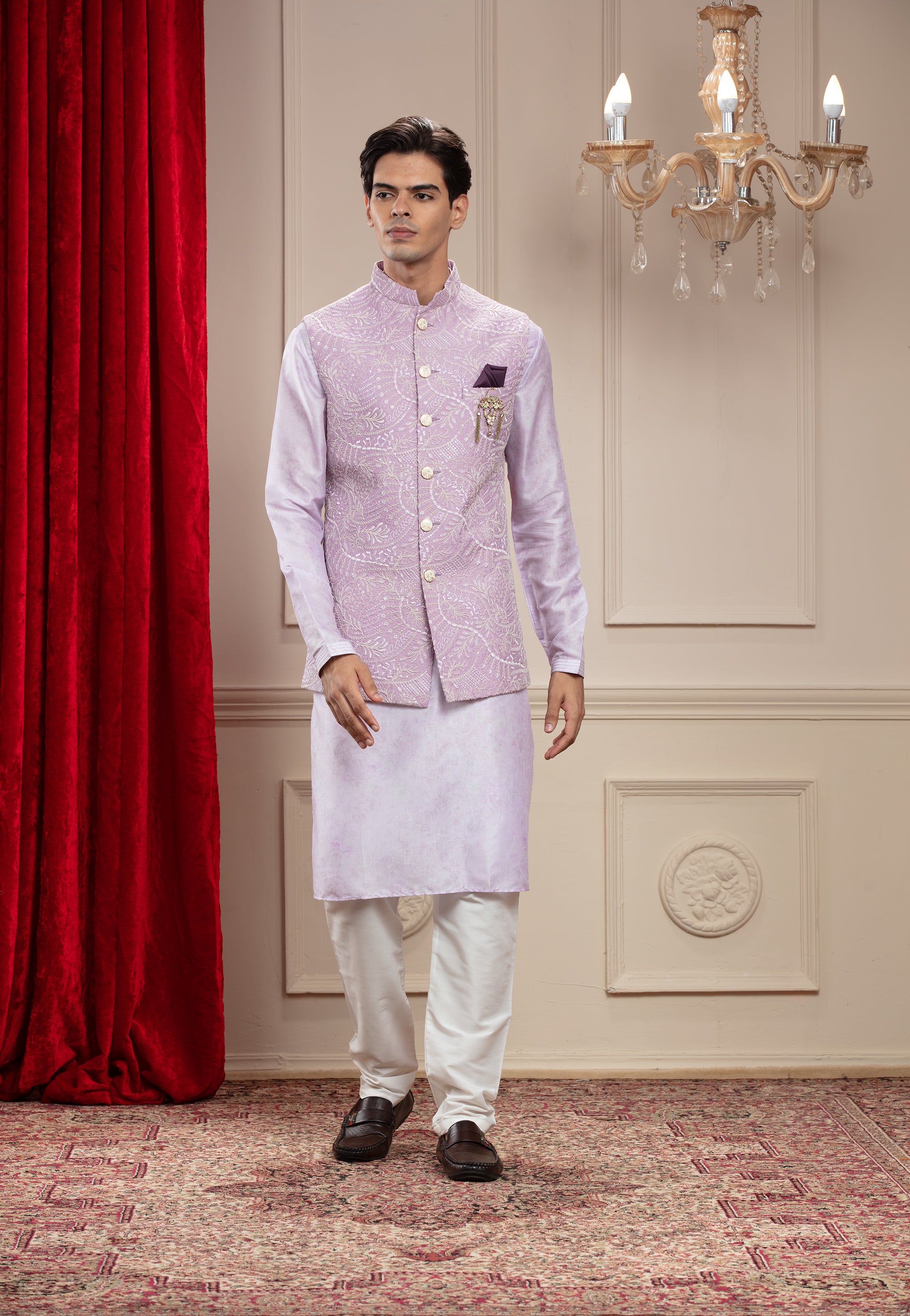 Buy Sanwara Men Light Pink and Light Pink Color Silk Blend Kurta & Pyjama  With Nehru Jacket (Set of 3) online