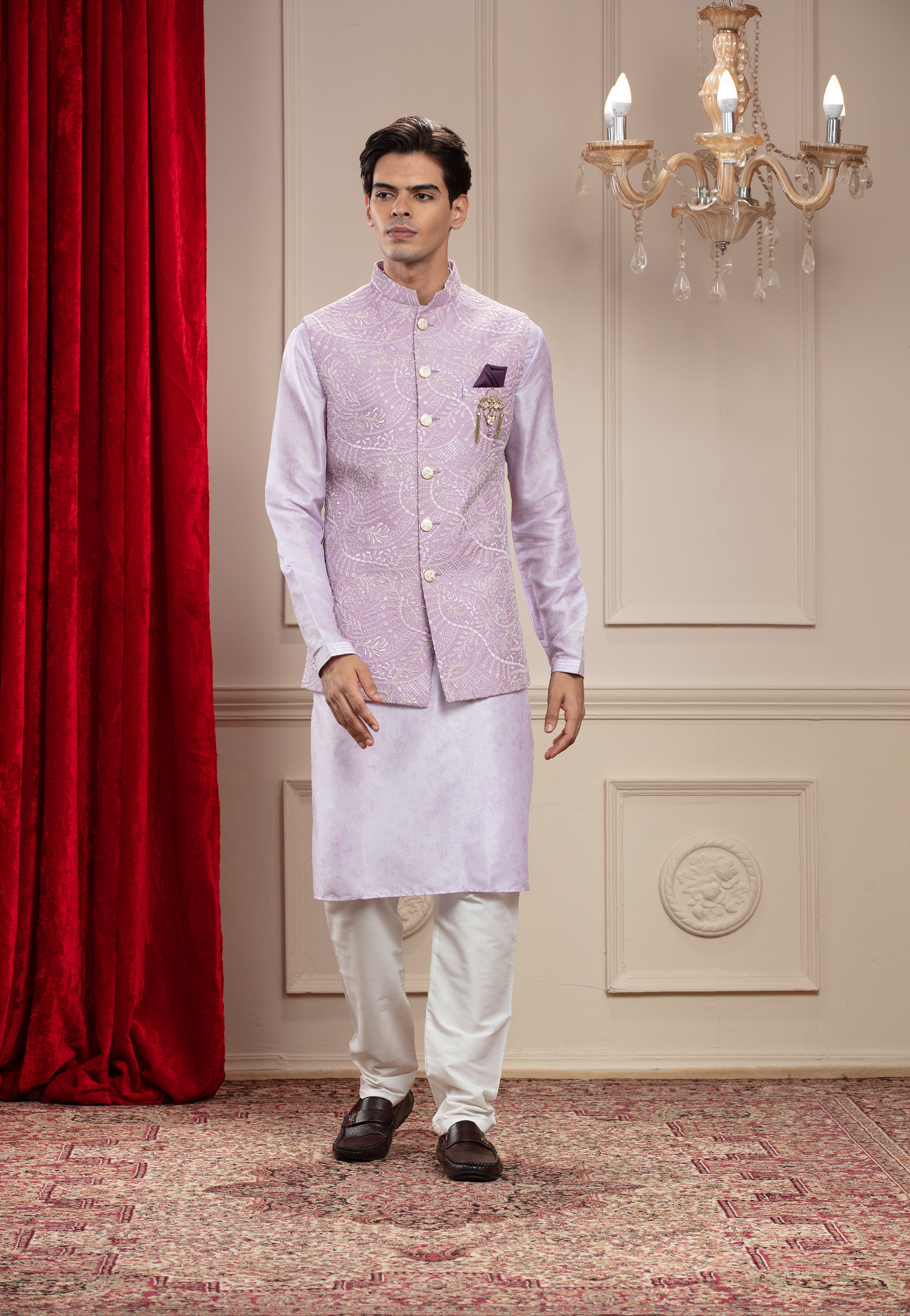 Lavender Mauve Lucknowi kurta Jacket Set with cutdana work and brooch