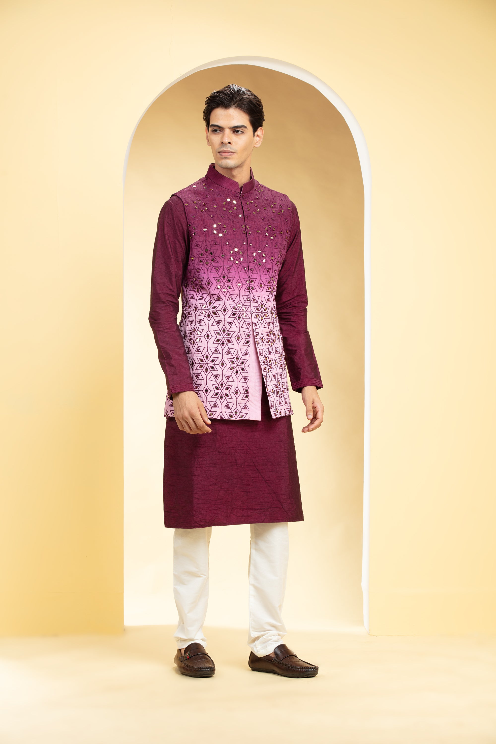Wine Red Ombre Jacket kurta set with mirror placement